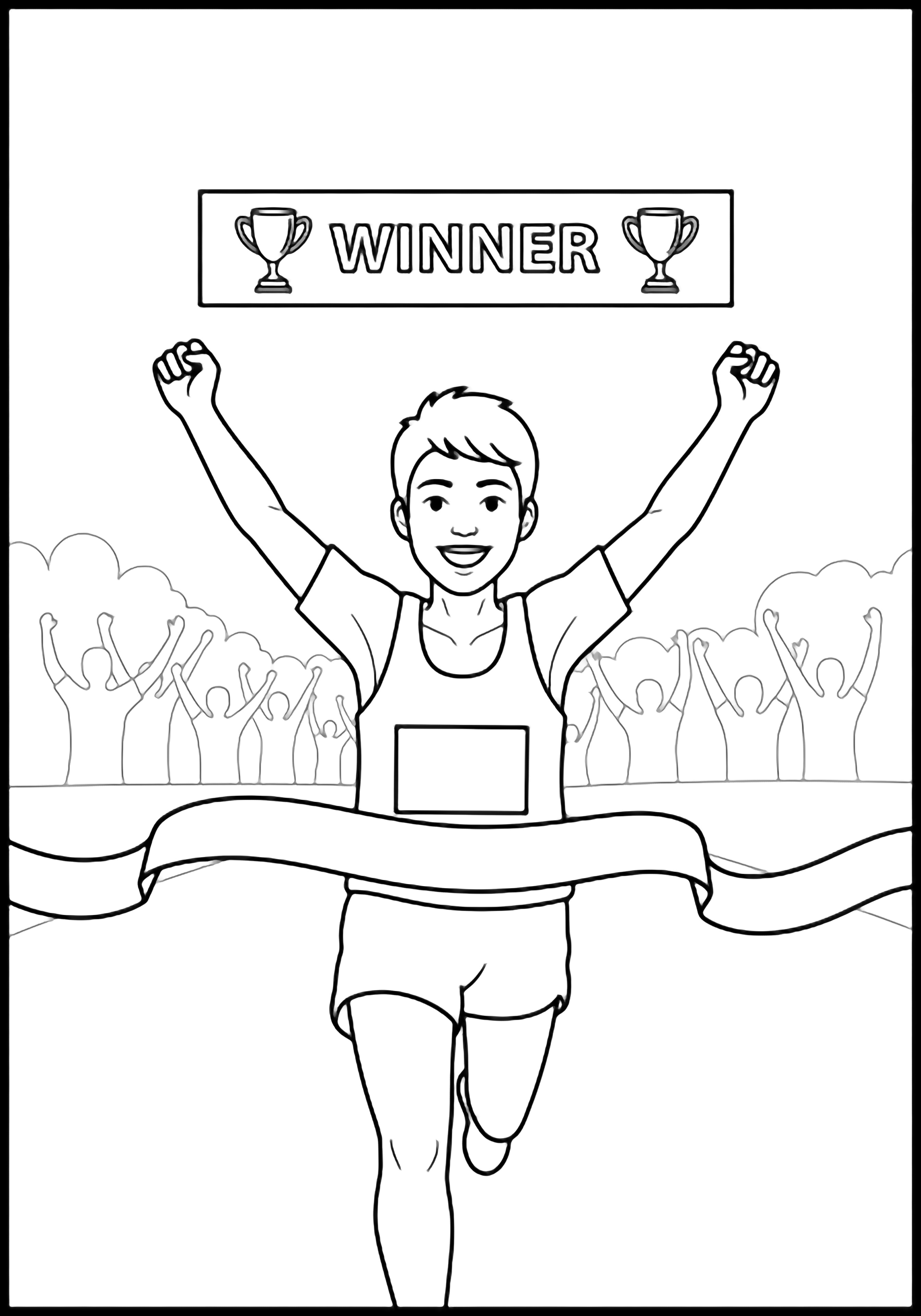 A joyful runner with raised arms breaks the finish-line ribbon while a trophy banner floats above and a cheering crowd stands behind. kleurplaat