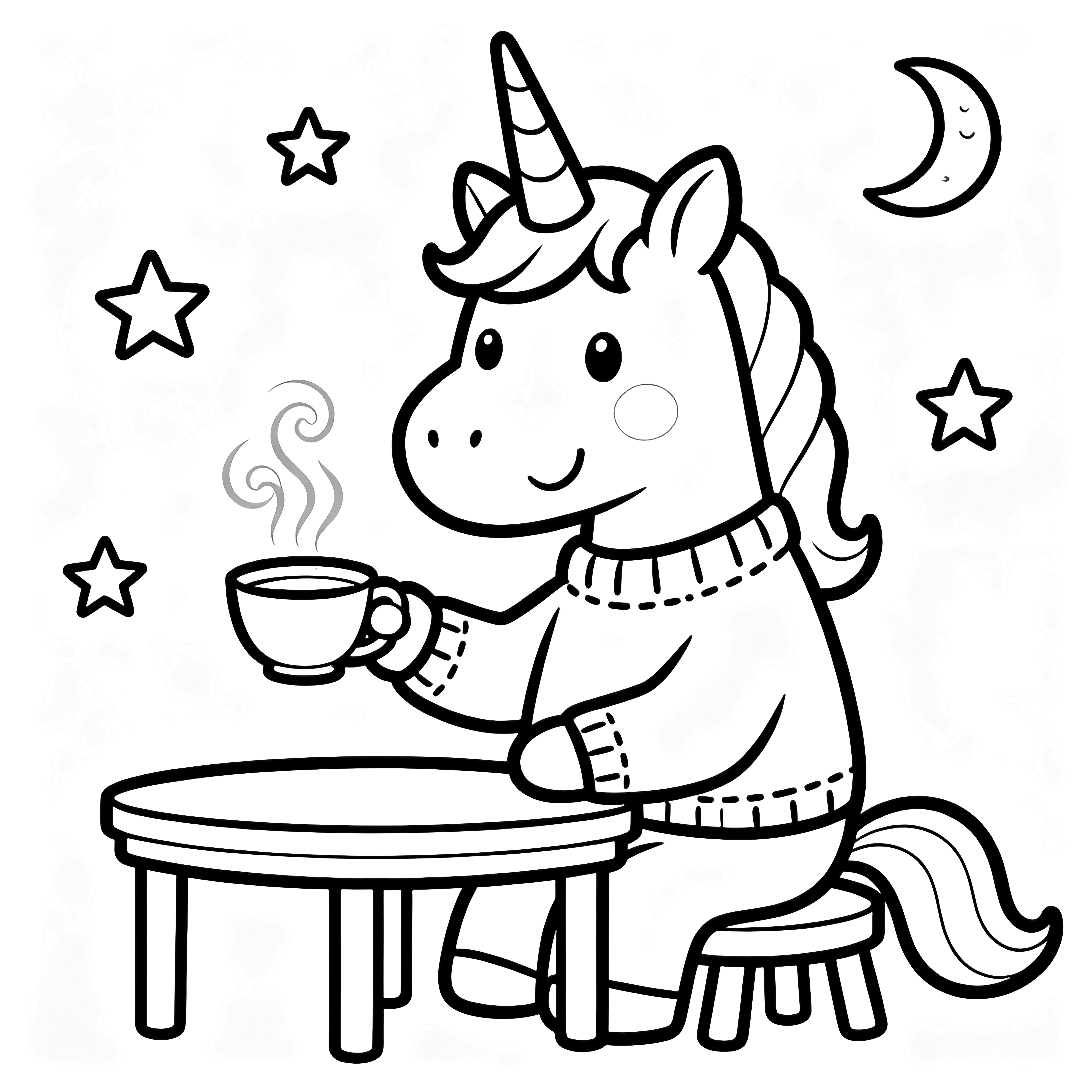 A smiling unicorn in a sweater sits at a tiny table lifting a teacup while stars and a crescent moon drift nearby with steam curling above. kleurplaat