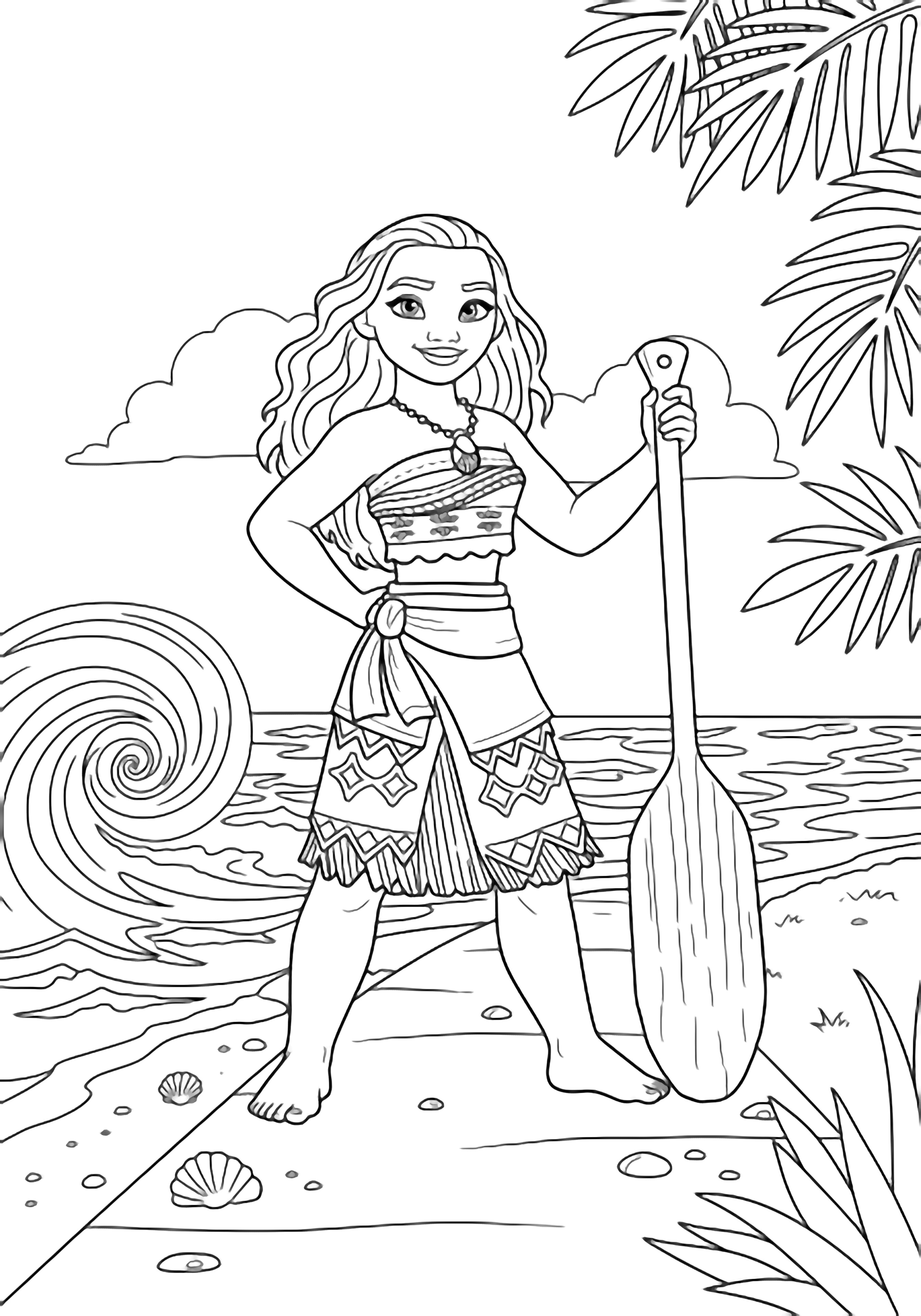 Moana staat blootsvoets op een strandpad, hand op heup, haar roeiriem rechtop houdend, omkaderd door oceaanzwermen, kleine schelpen en palmtakken. kleurplaat