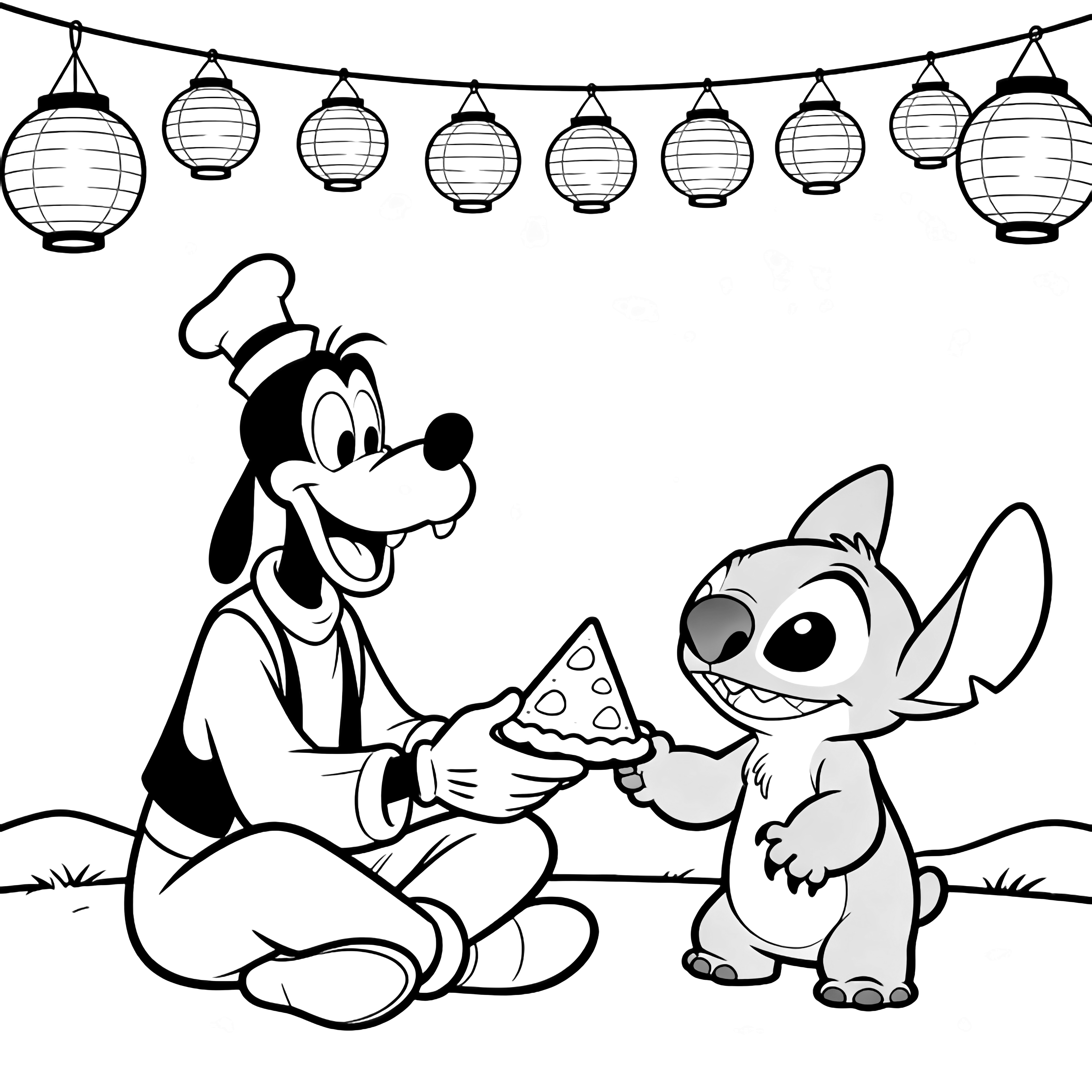 Goofy and Stitch sit cross-legged, sharing a pie slice under hanging lanterns, with a simple ground line and distant hills. kleurplaat