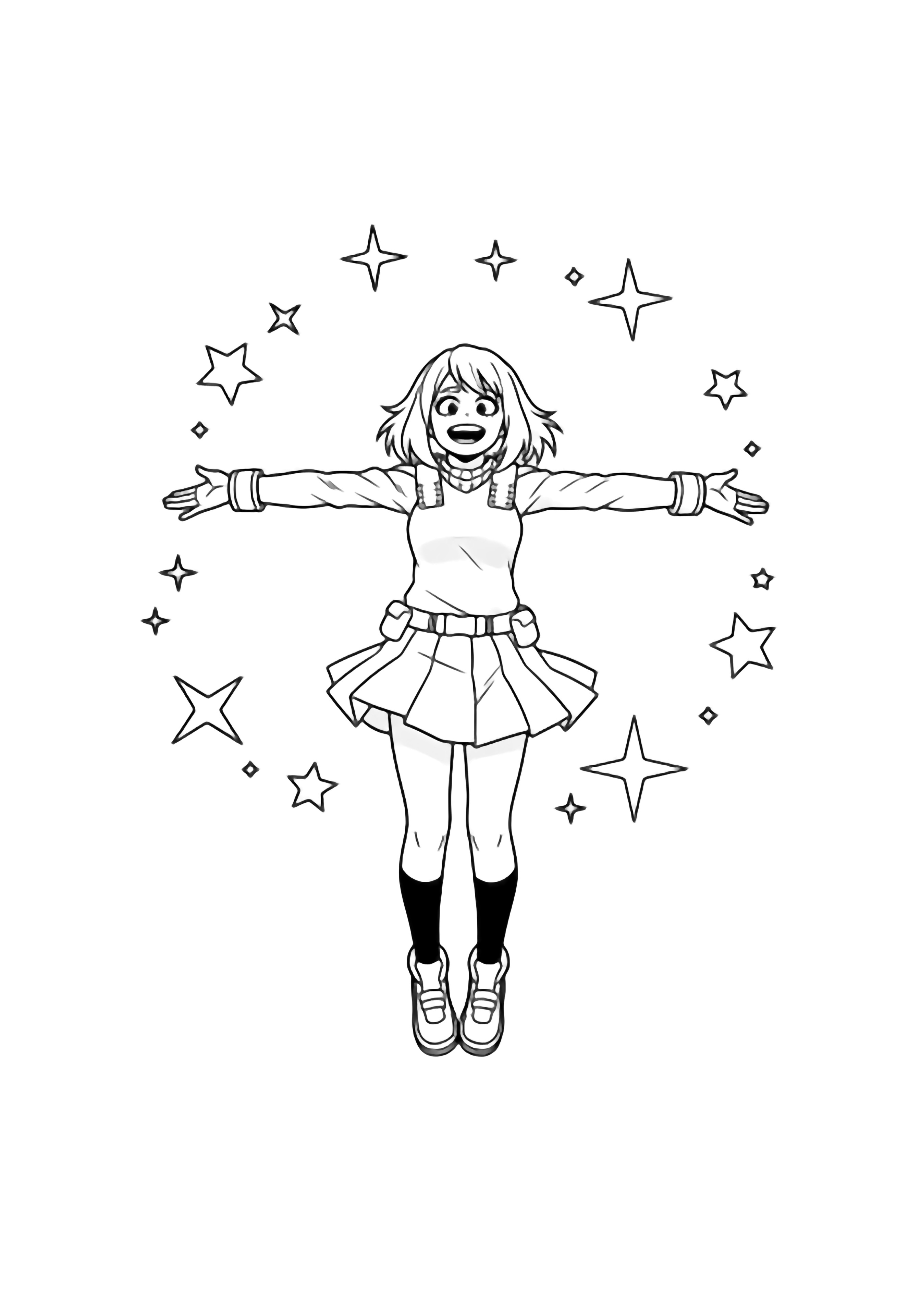 Uraraka floats with arms wide, hair and skirt drifting upward, encircled by simple stars. kleurplaat