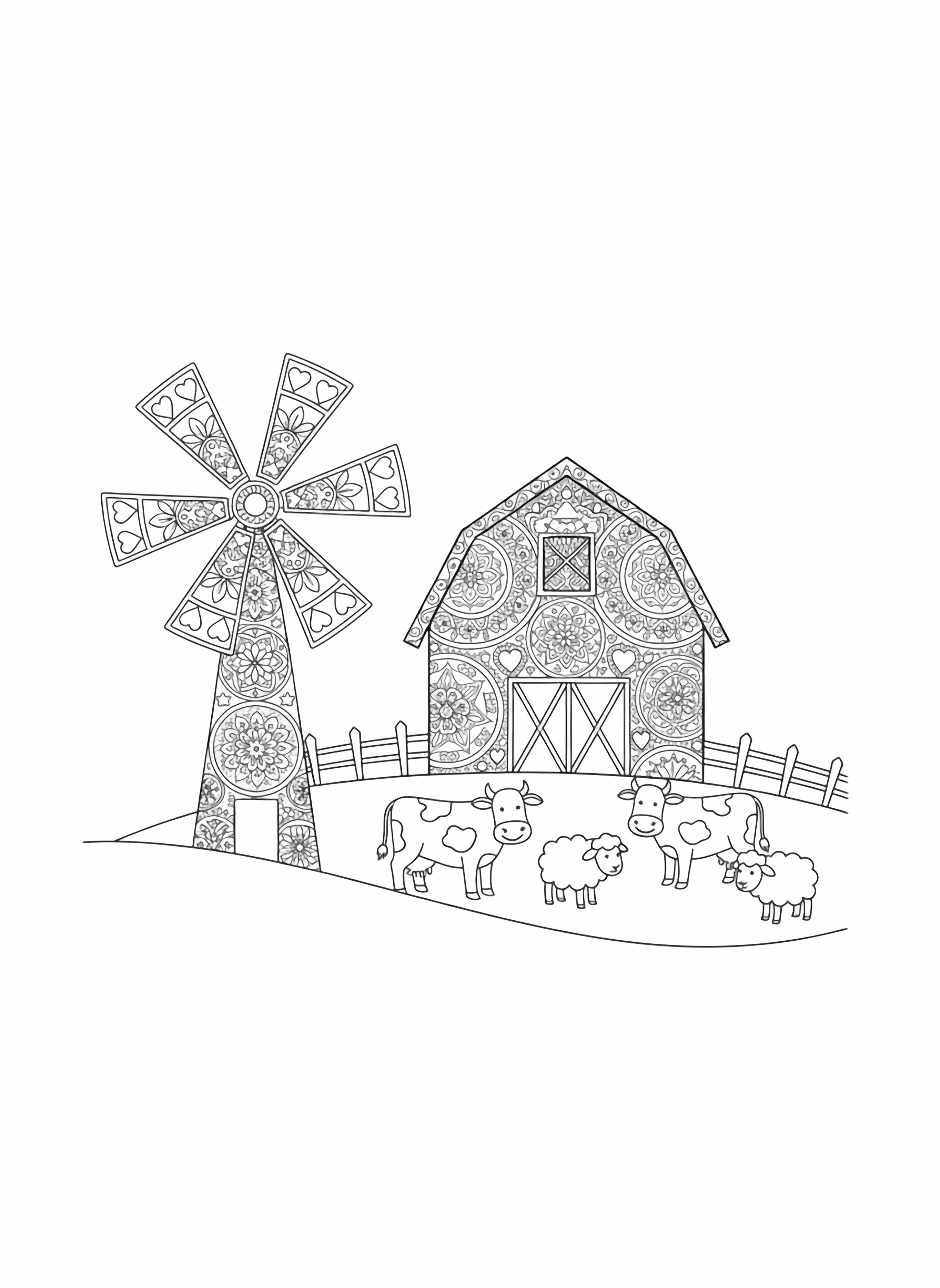 A black and white page of a magical mandala farm The barn is built entirely from overlapping mandala circles each layer filled with petals stars and tiny hearts Beside it a windmill turns with blades shaped like giant mandala pinwheels In the pasture friendly cows sheep clean black and white line drawing minimal shading no colour no fill kleurplaat