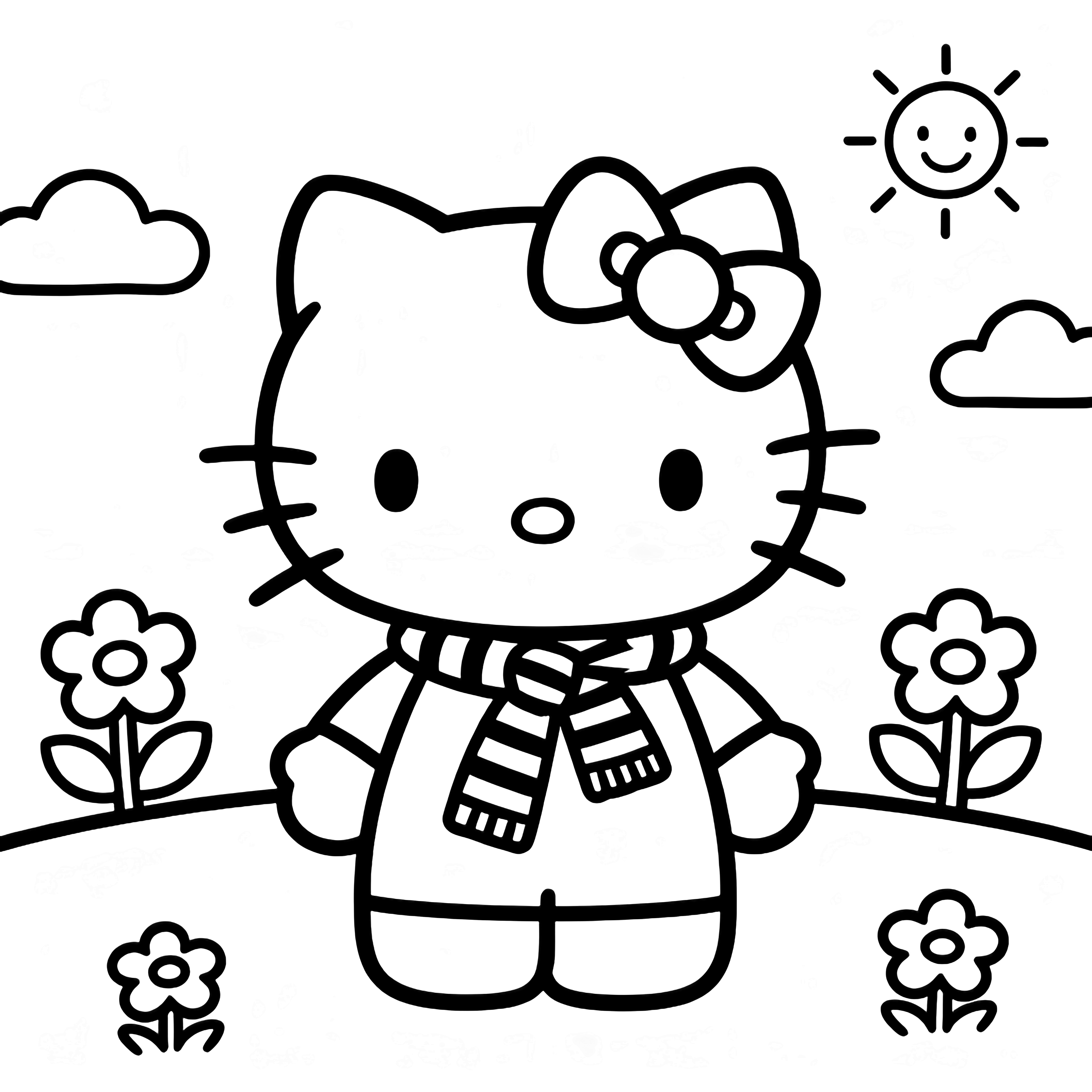 Hello Kitty centered, smiling, striped scarf tied in front, simple clouds, flowers, smiling sun behind. kleurplaat