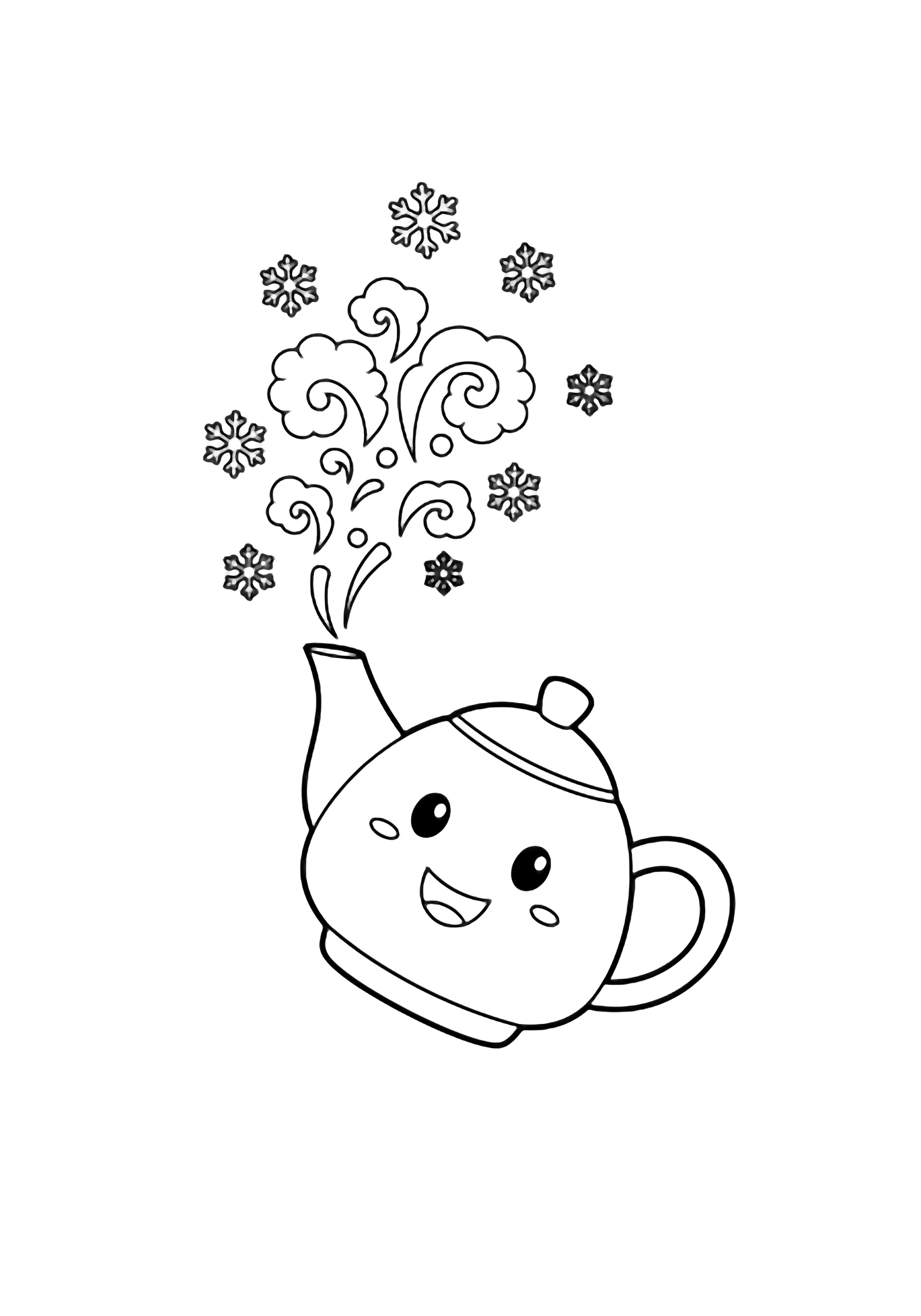 A smiling teapot lifts its spout while eight small snowflakes drift around puffy steam swirls. kleurplaat