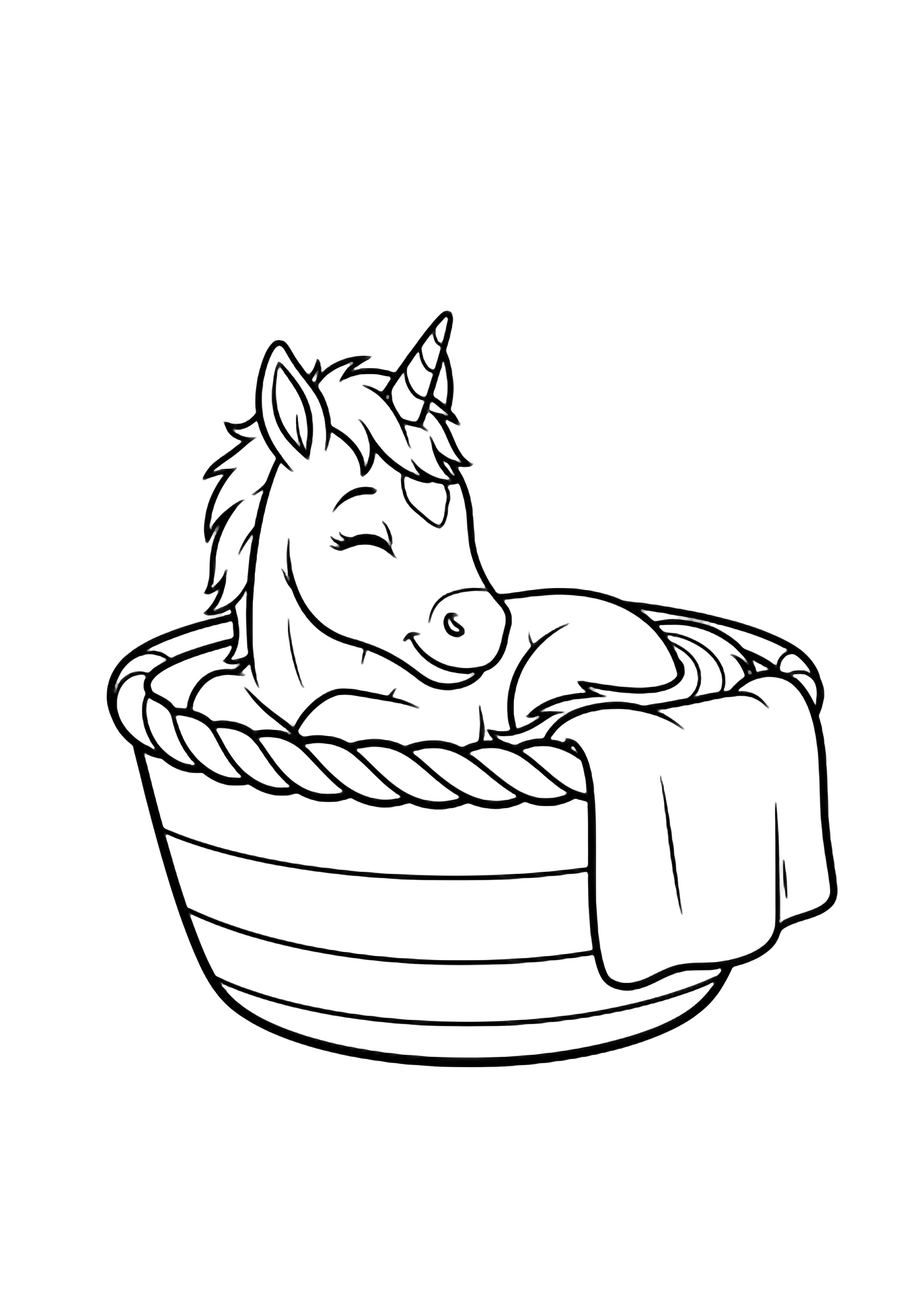 A smiling unicorn foal curled inside a round basket with a folded blanket draped over the edge. kleurplaat