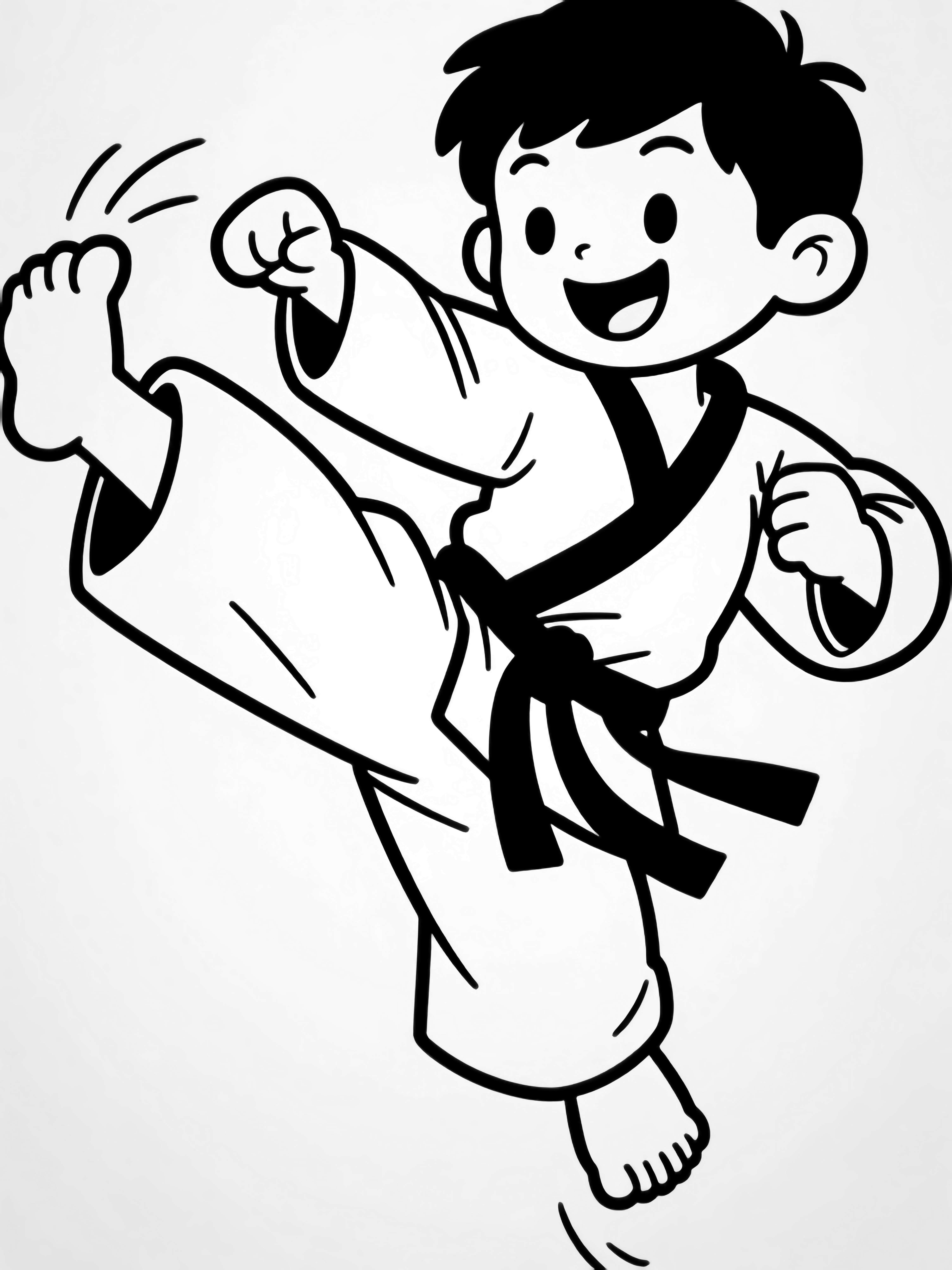 A joyful taekwondo athlete suspended mid-kick, arms spread, dobok sleeves and belt fluttering. kleurplaat