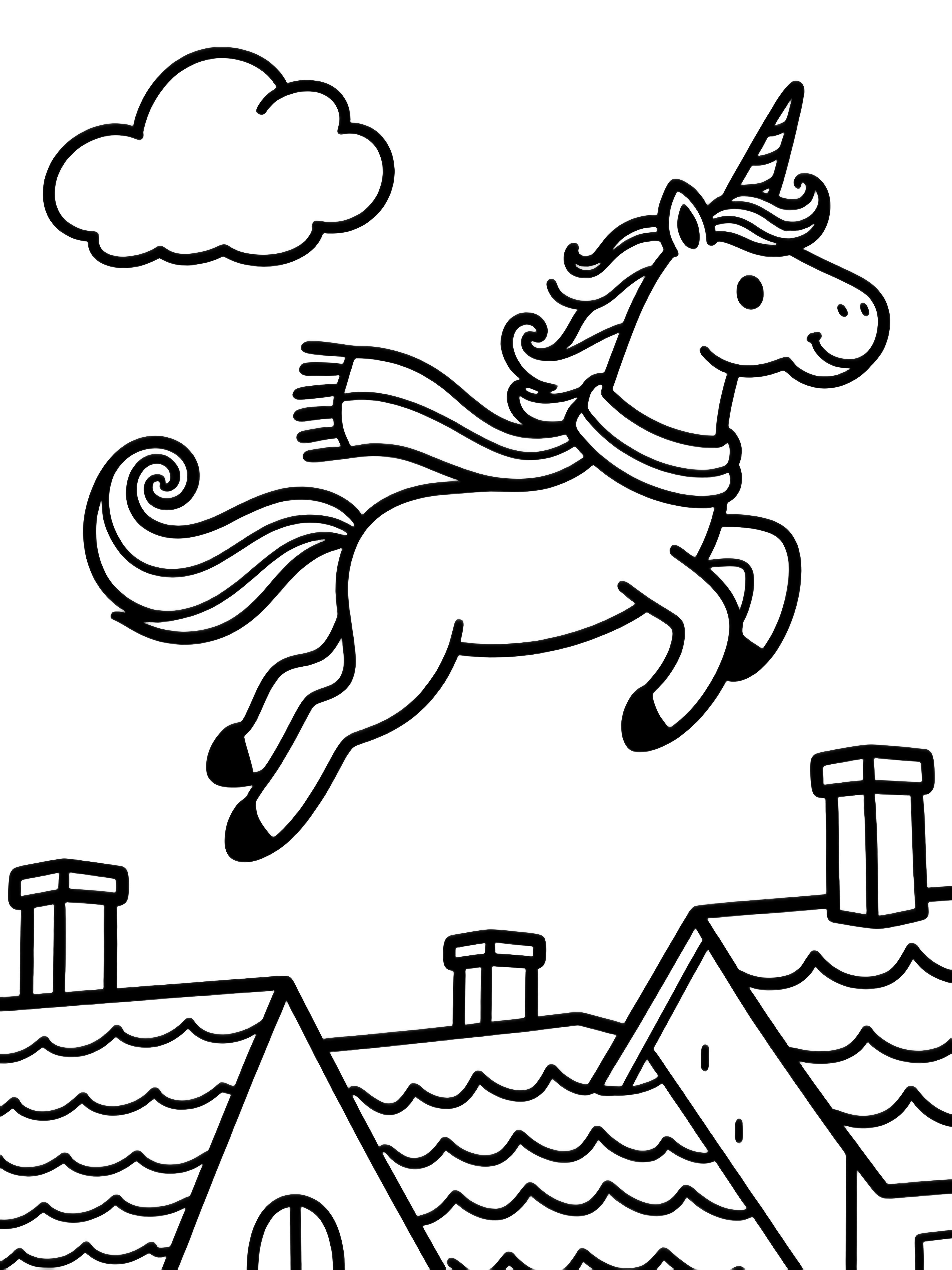 Unicorn gliding above wavy rooftops, long scarf flowing, mane and tail curling, simple clouds and chimneys kleurplaat