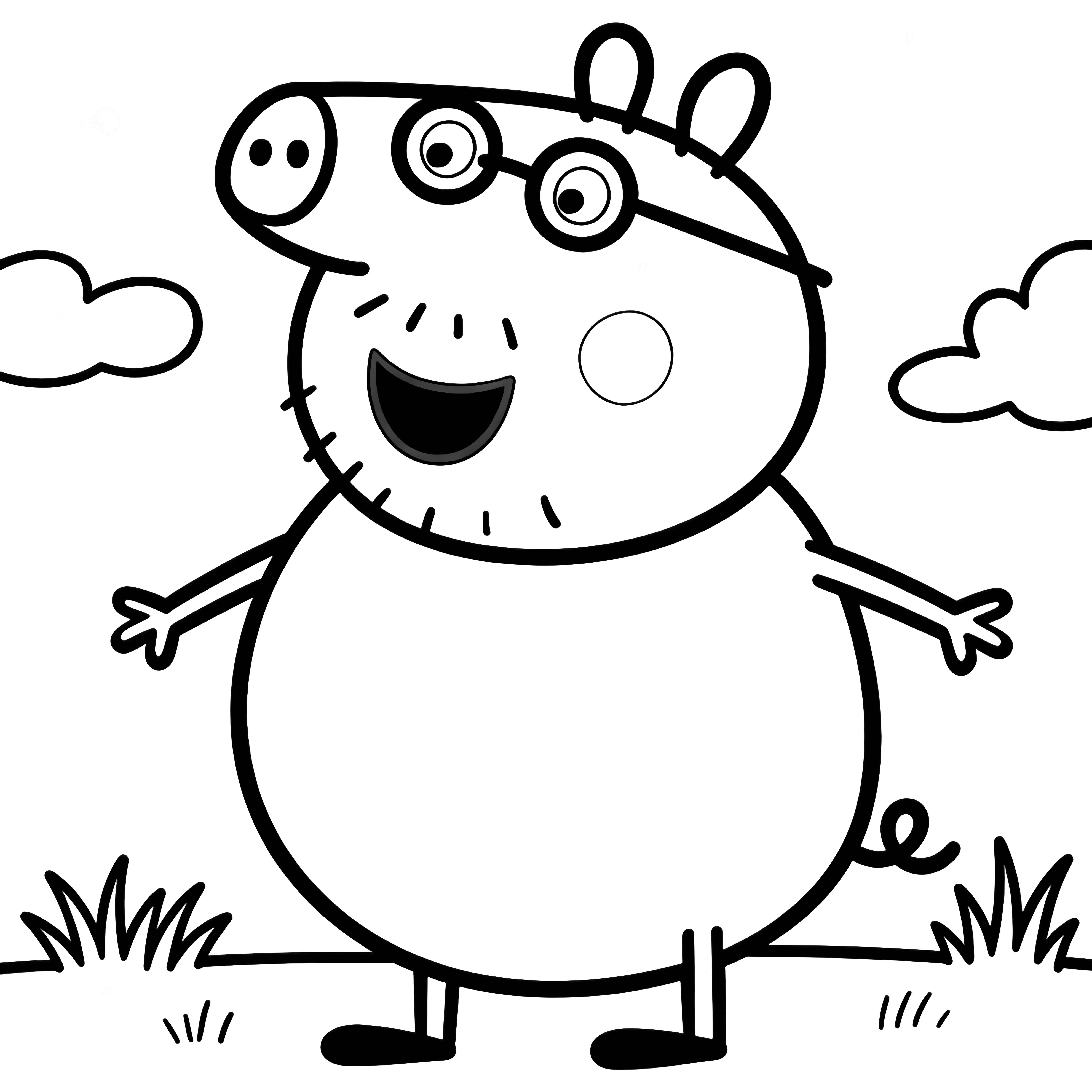 Daddy Pig stands cheerfully with arms spread, round glasses on his snout, simple grass and clouds behind him. kleurplaat
