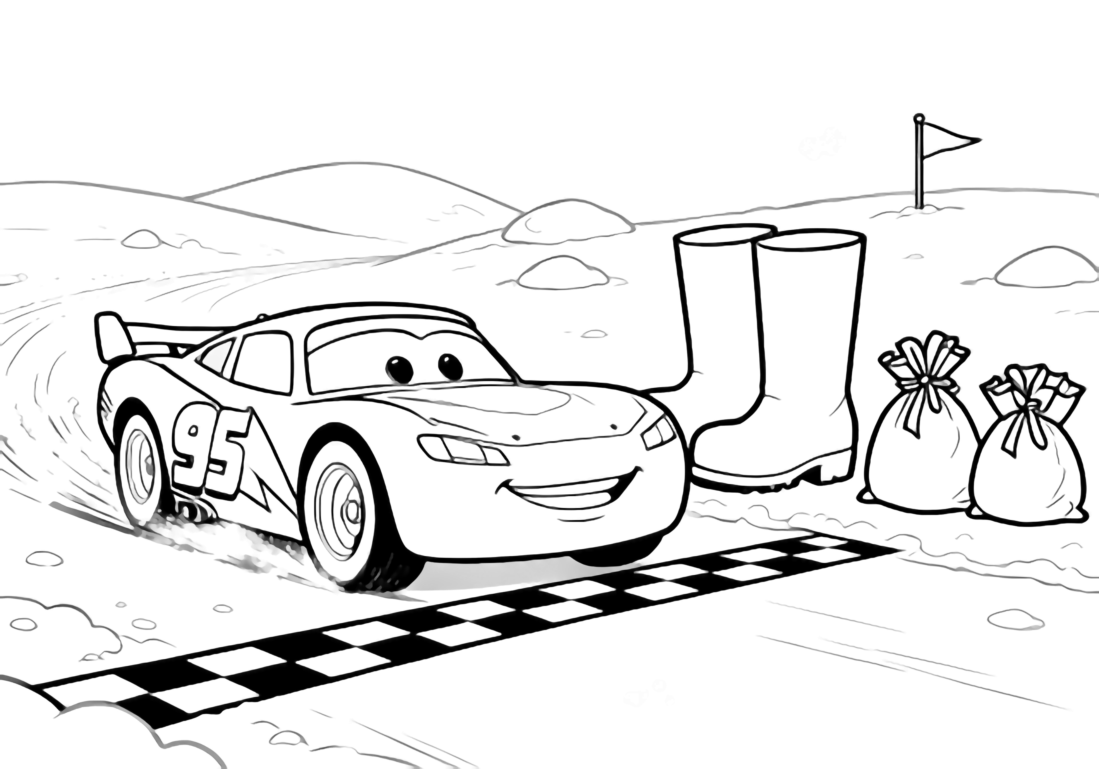 Lightning McQueen skids to a snowy finish line; empty boots, open gift-sacks, snow mounds, and a distant flag. kleurplaat
