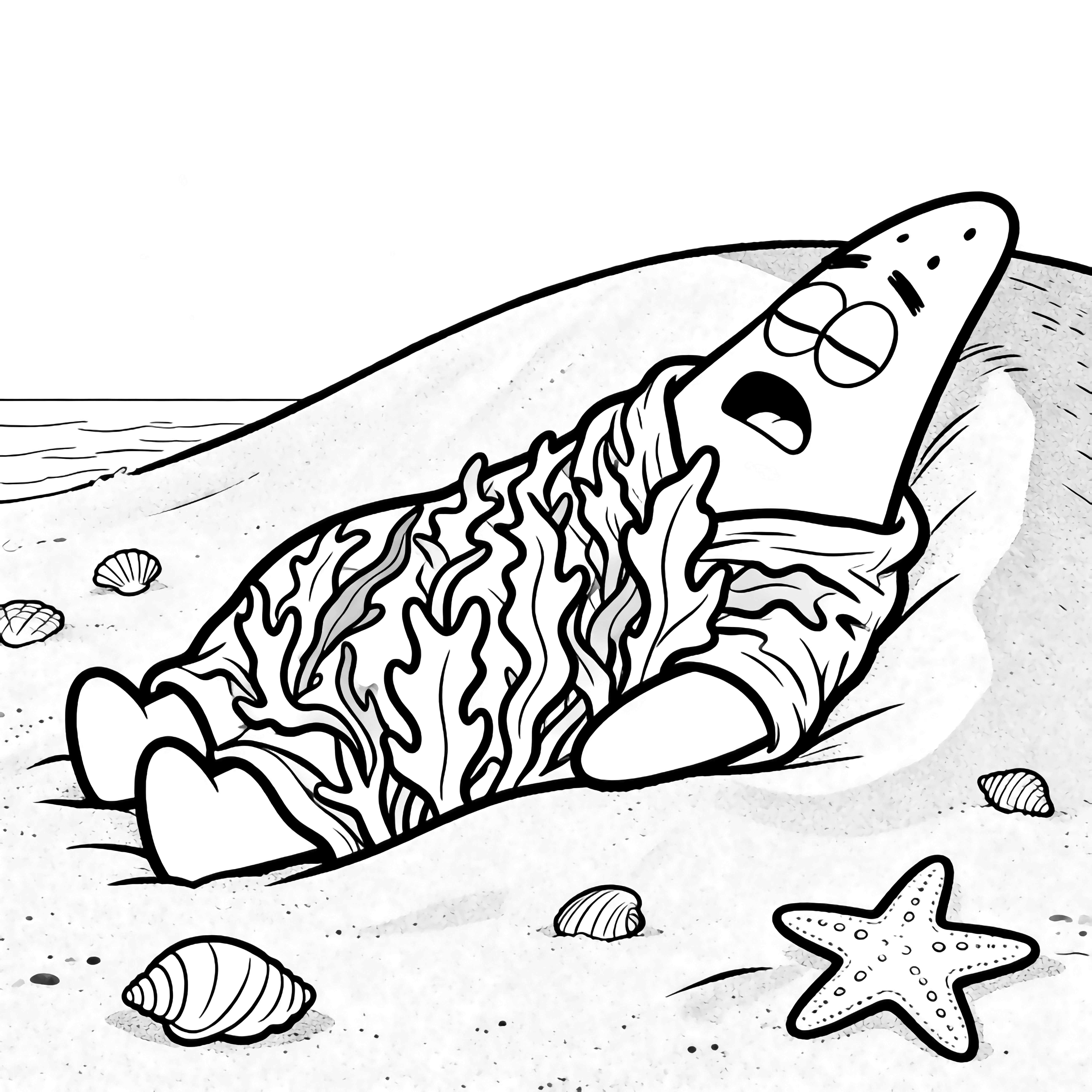 Patrick asleep on a sandy dune, wrapped in seaweed up to his chin, mouth open in a snore, surrounded by simple shells and starfish. kleurplaat
