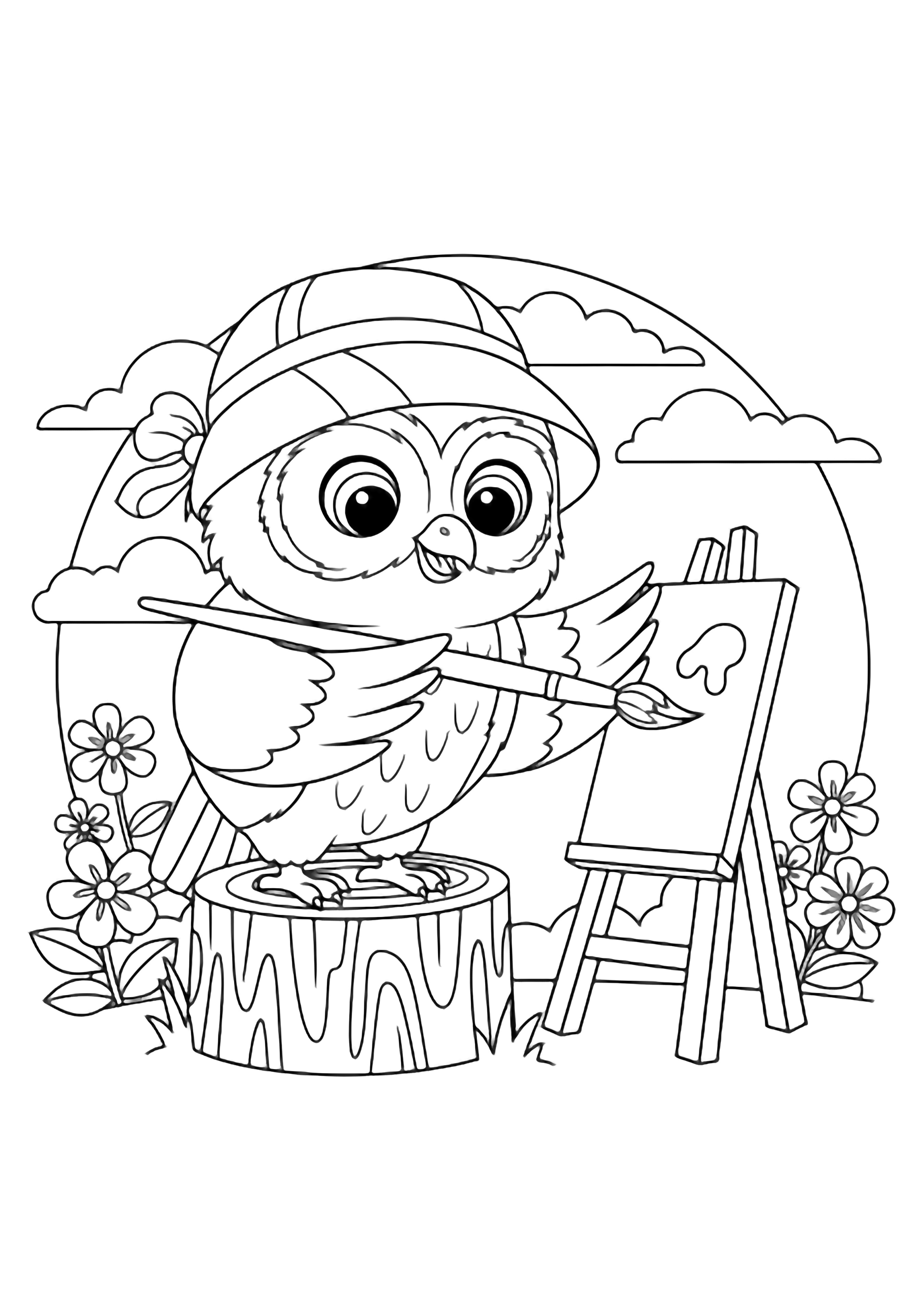 A cheerful cartoon owl on a stump paints a tiny canvas on an easel, surrounded by flowers and clouds. kleurplaat