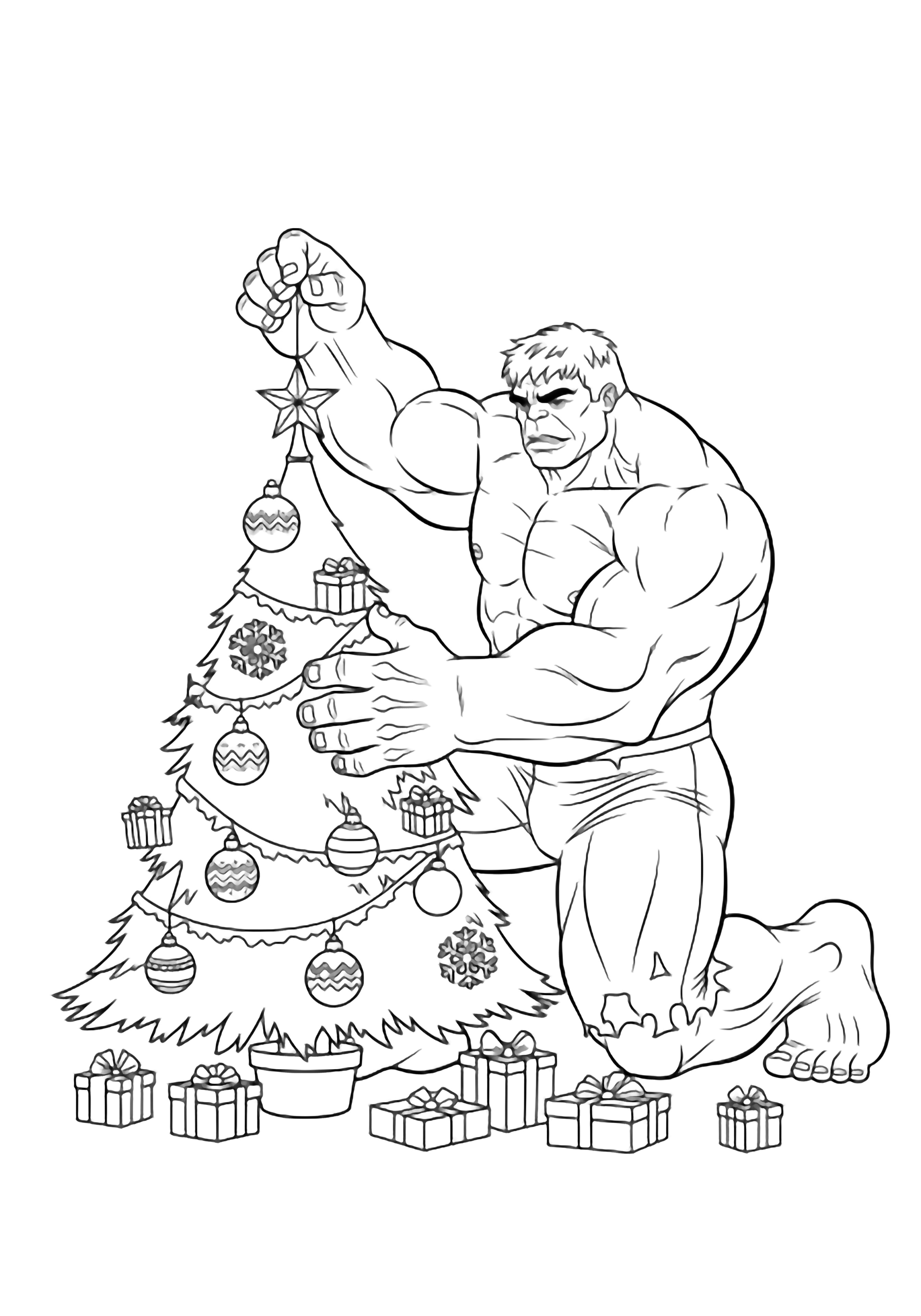 Towering Hulk kneels by a small Christmas tree, hanging a star while steadying the sagging trunk; oversized ornaments, snowflakes, and scattered presents fill the room. kleurplaat