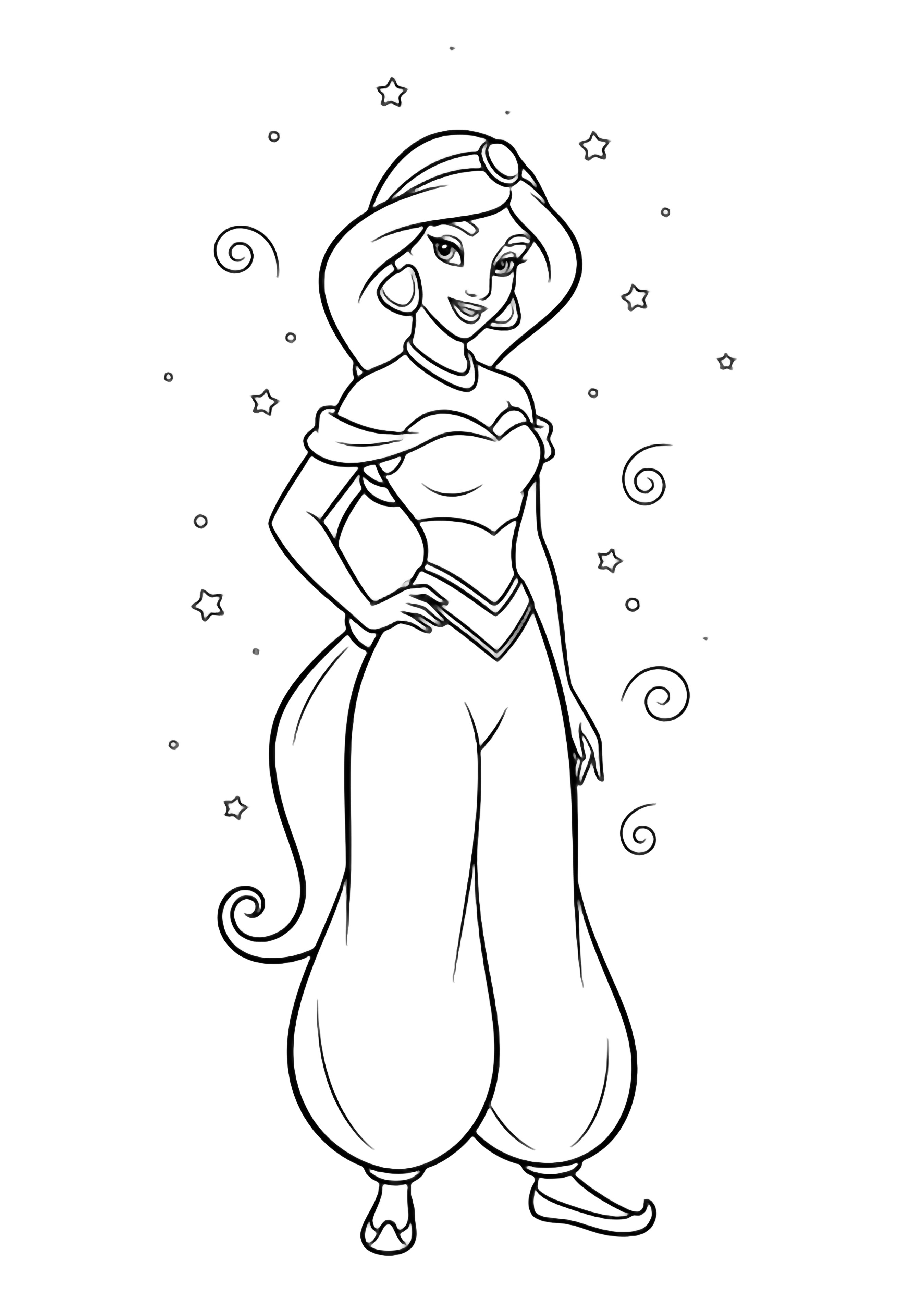 Jasmine stands with one hand on her hip and a gentle smile, hair flowing; tiny stars and swirls float around her. kleurplaat