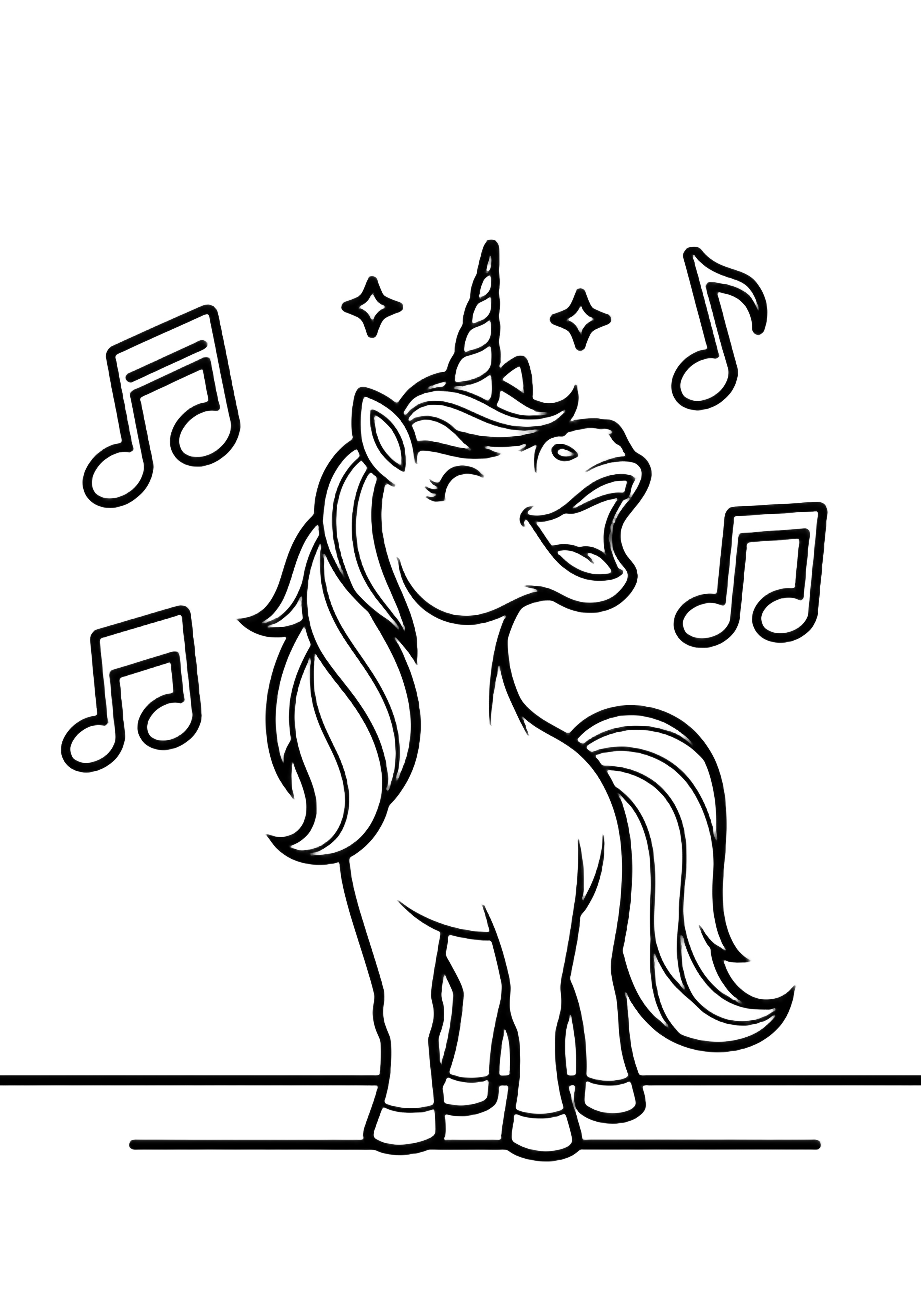 A joyful unicorn sings on a small stage, its flowing mane surrounded by floating music notes and two little stars above. kleurplaat