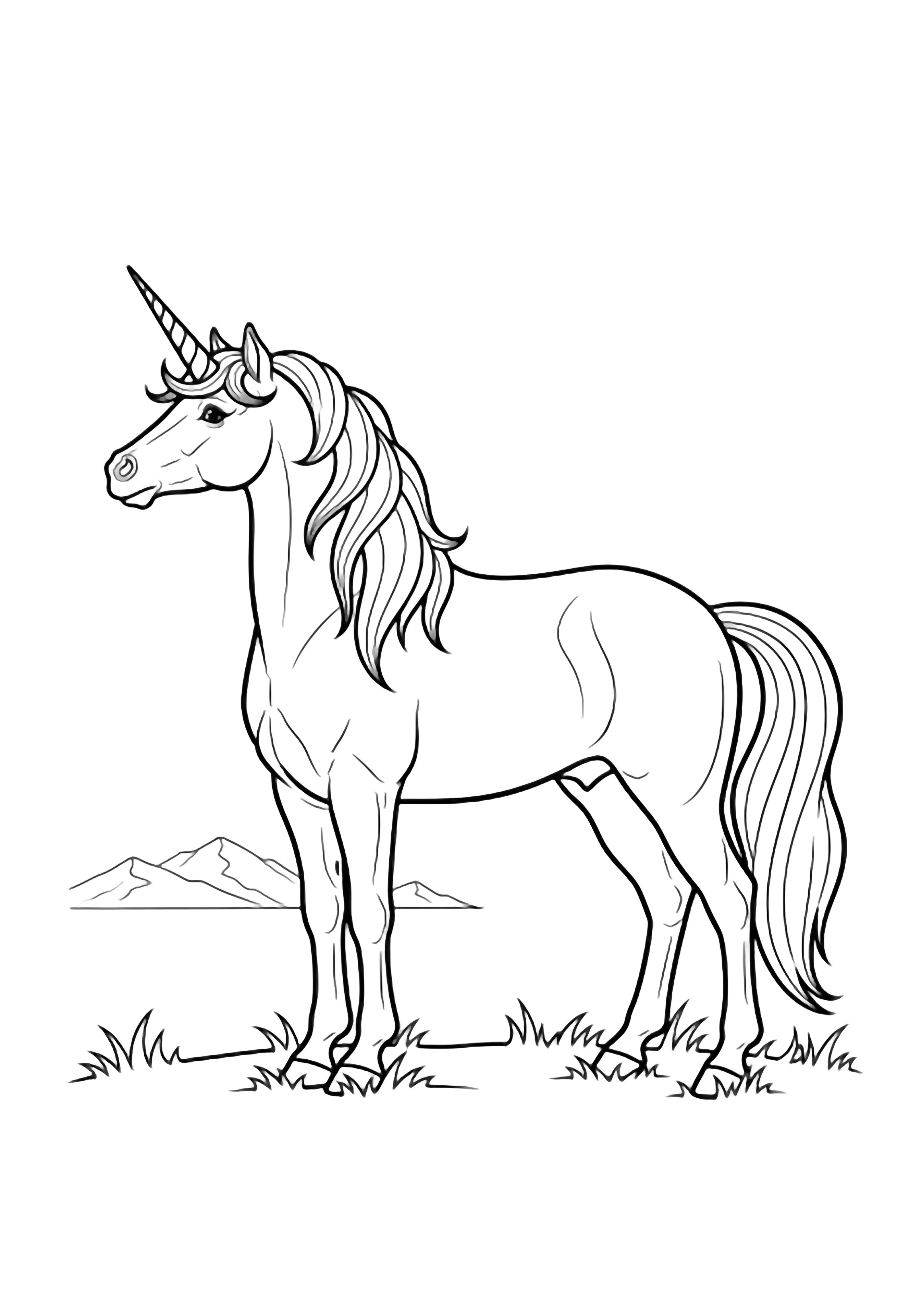 A proud unicorn stands in profile, head raised, spiral horn gleaming, mane and tail flowing, simple grass beneath, distant mountains sketched. kleurplaat