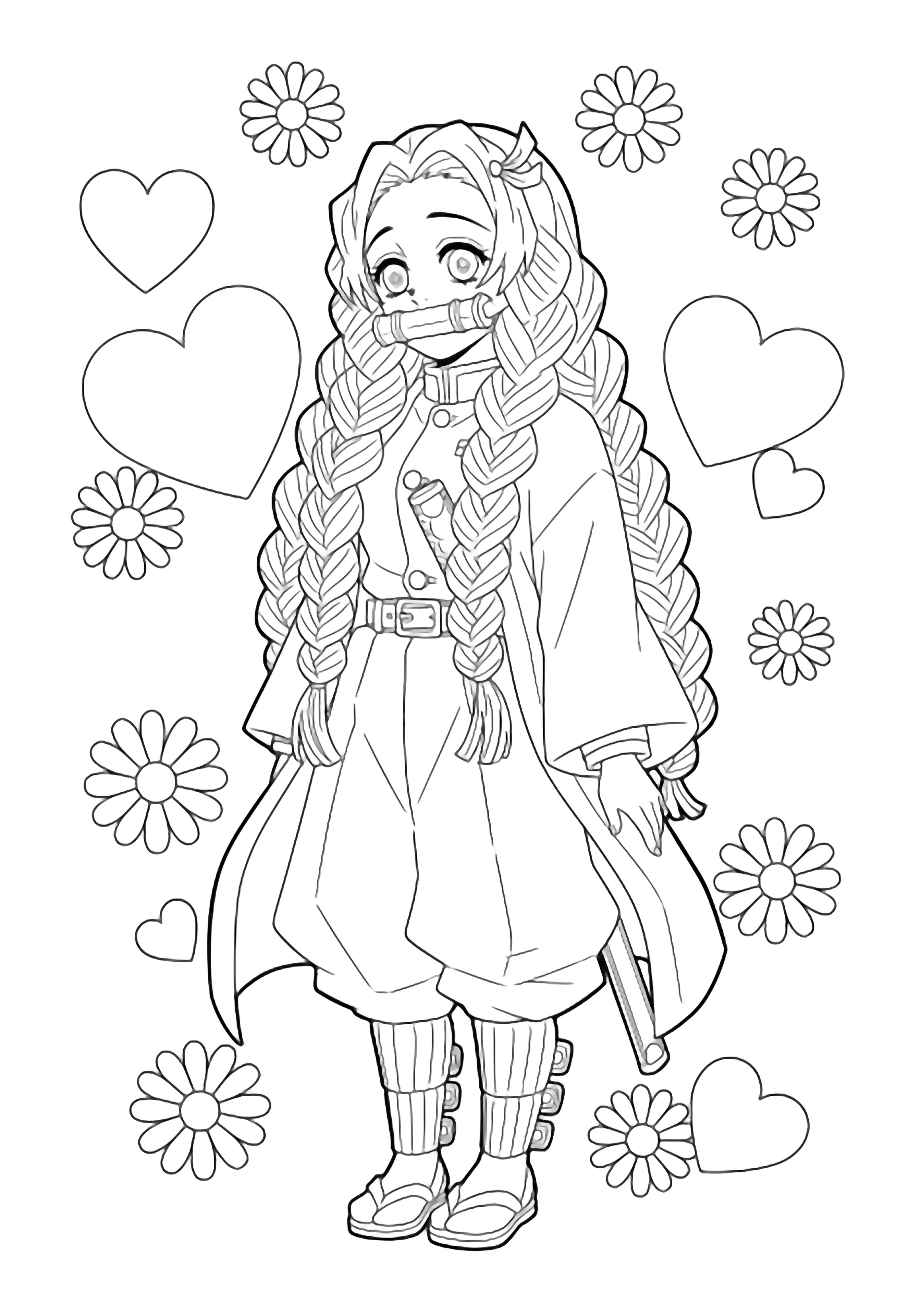 Mitsuri Kanroji stands happily, long hair flowing, gentle smile, surrounded by large hearts and simple daisy-like flowers. kleurplaat