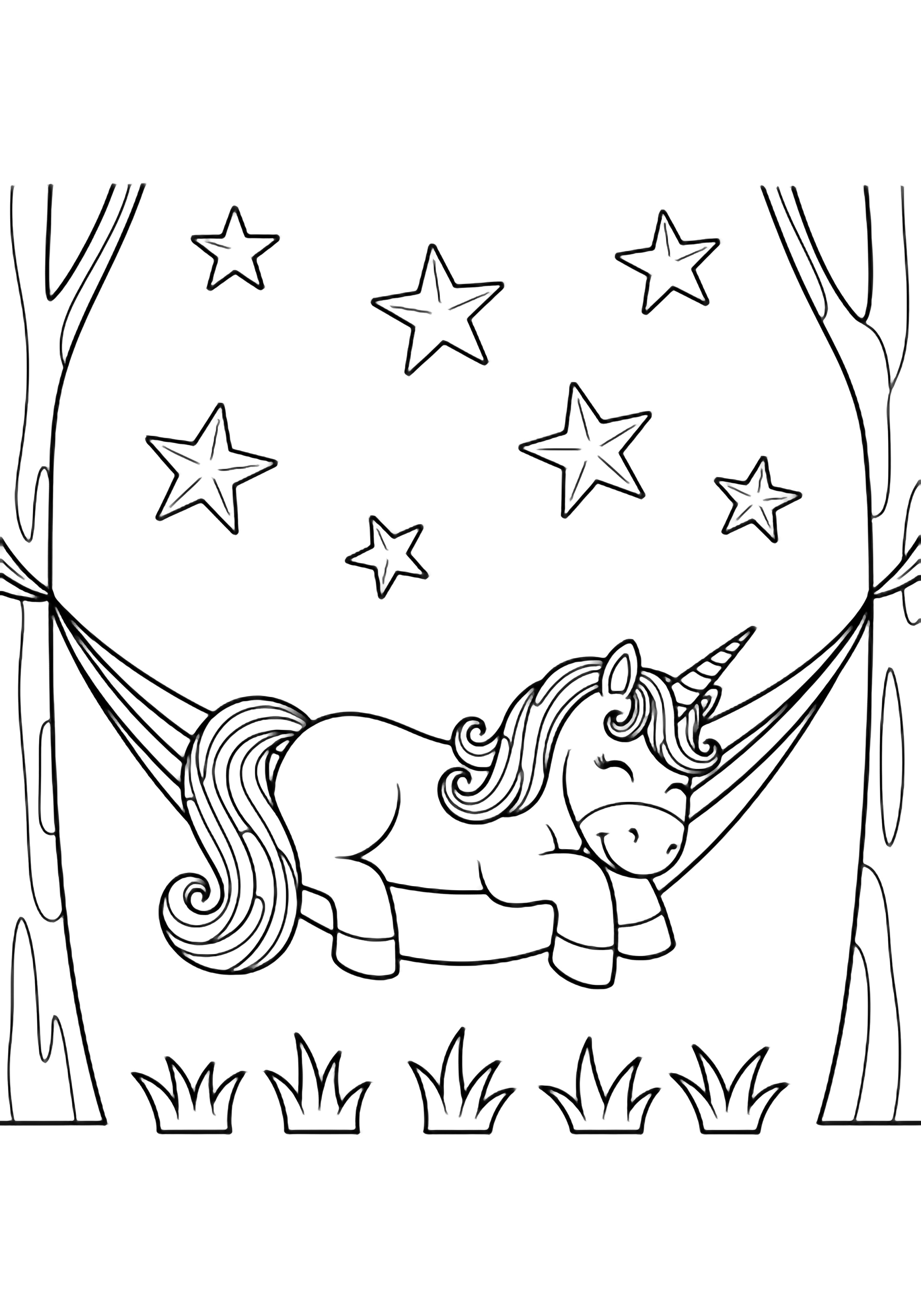 A smiling unicorn with flowing mane sleeps in a hammock strung between two slim trees, five large stars drifting above five grass tufts. kleurplaat