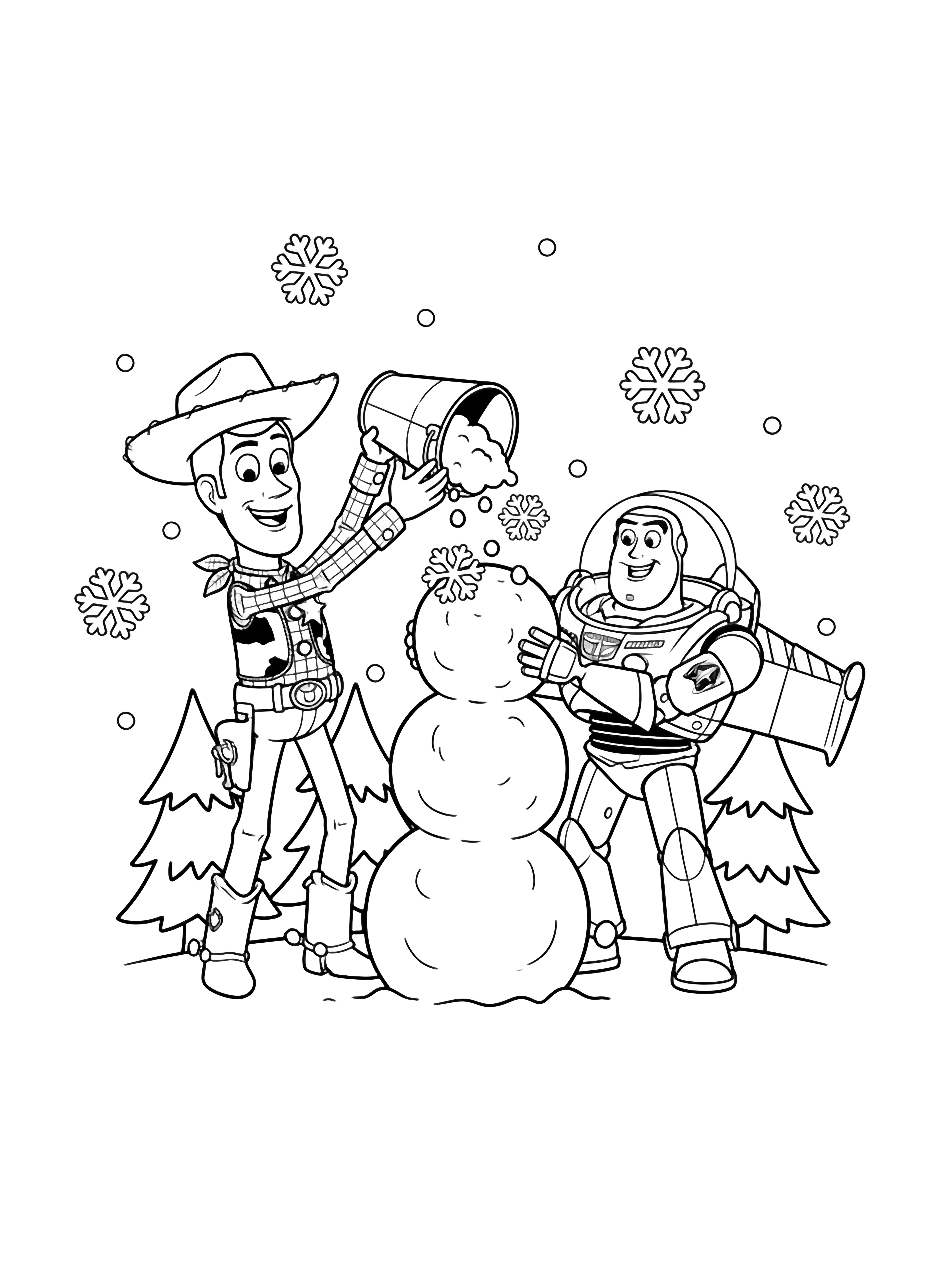 Woody dumps snow from a bucket while Buzz builds a robot from round snowballs; both smile beside simple trees and falling flakes. kleurplaat