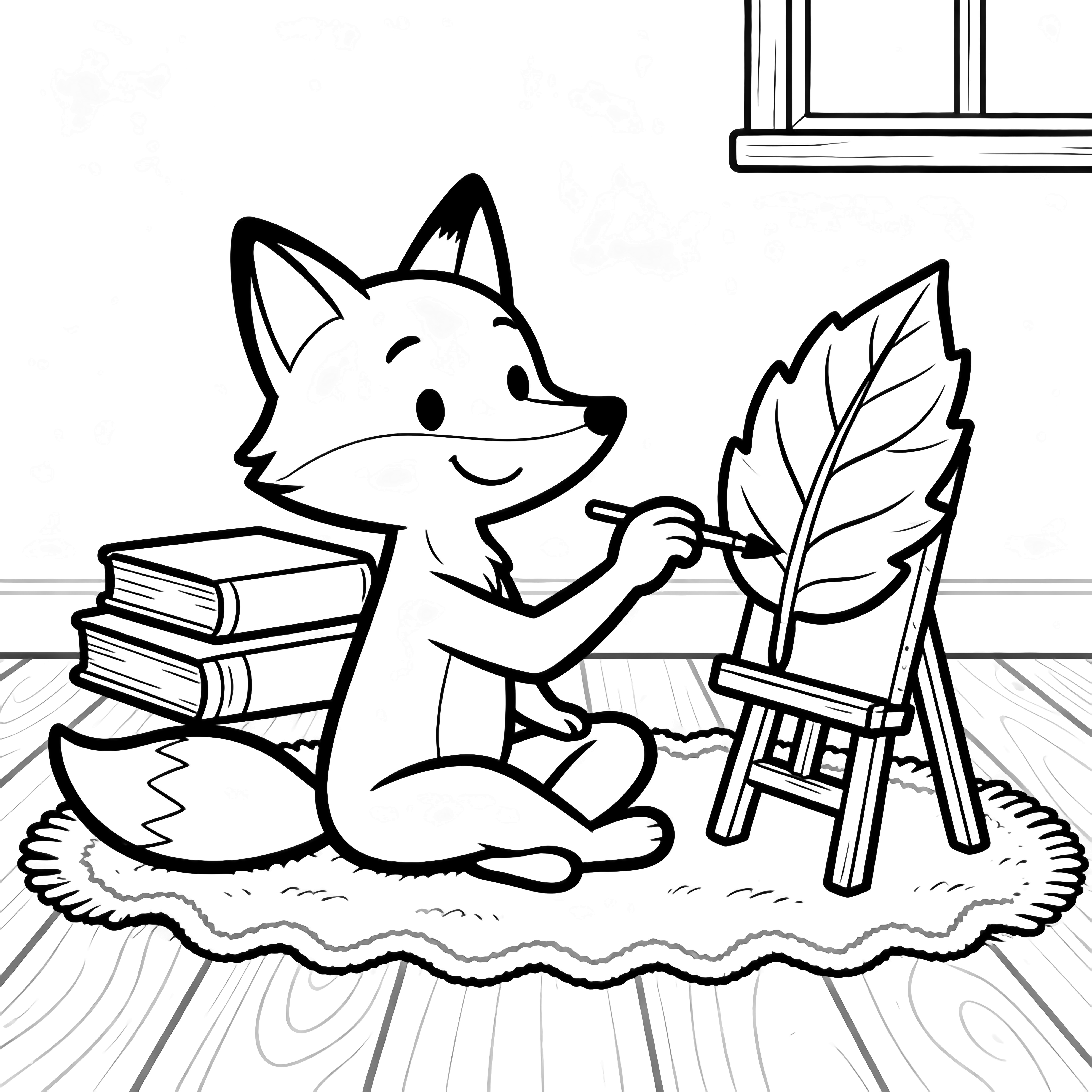 A cheerful fox sits cross-legged on a rug, painting a large leaf on a small easel; three stacked books behind, wavy floorboards and a tiny window in the background. kleurplaat