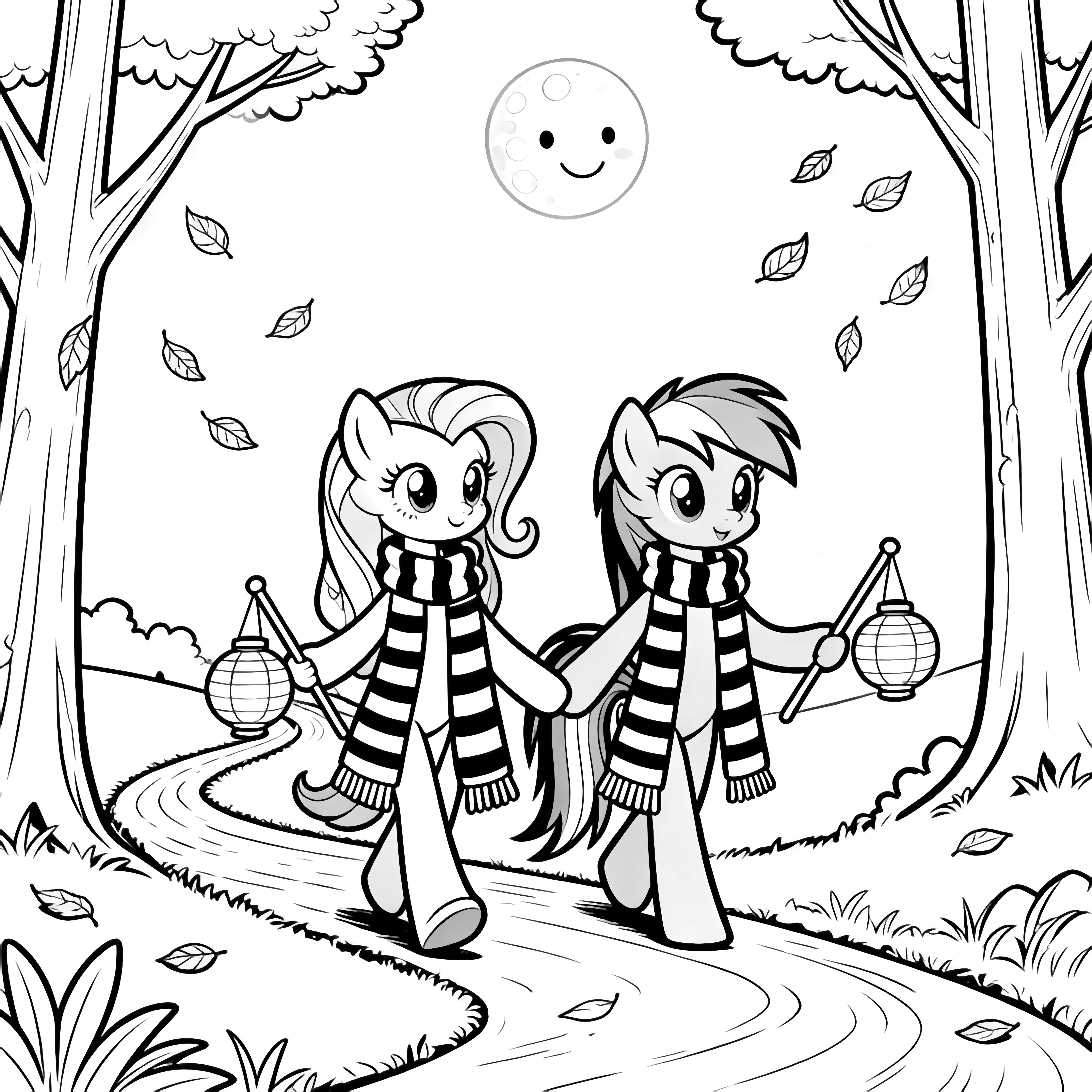 Fluttershy and Rainbow Dash walk together on a forest path, wearing striped scarves and carrying round lanterns; trees, falling leaves, and a smiling moon above. kleurplaat