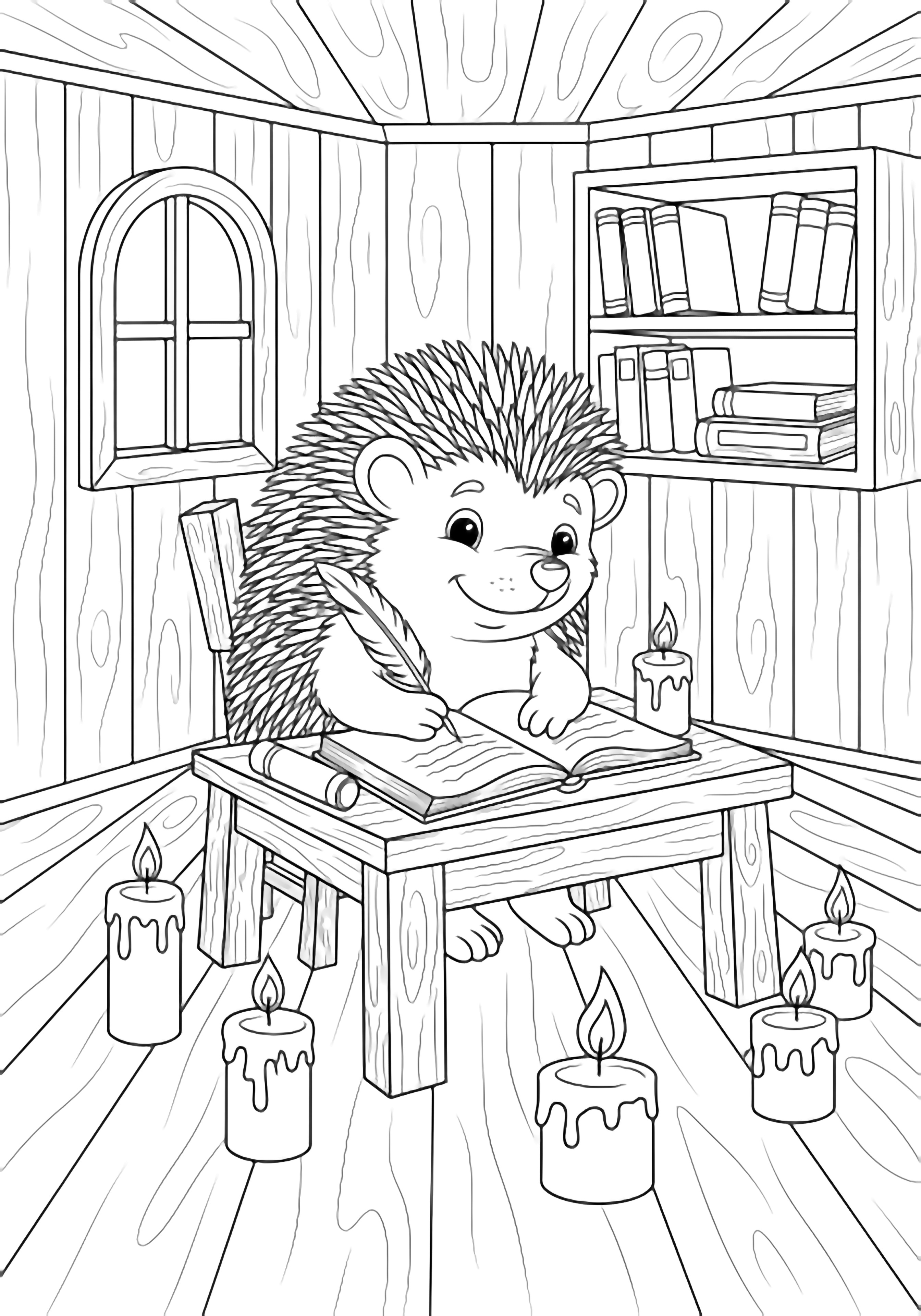 A smiling hedgehog sits at a tiny desk, quill over an open journal, five candles glowing around it inside a snug woodland room with window, bookshelf, and plank floor. kleurplaat