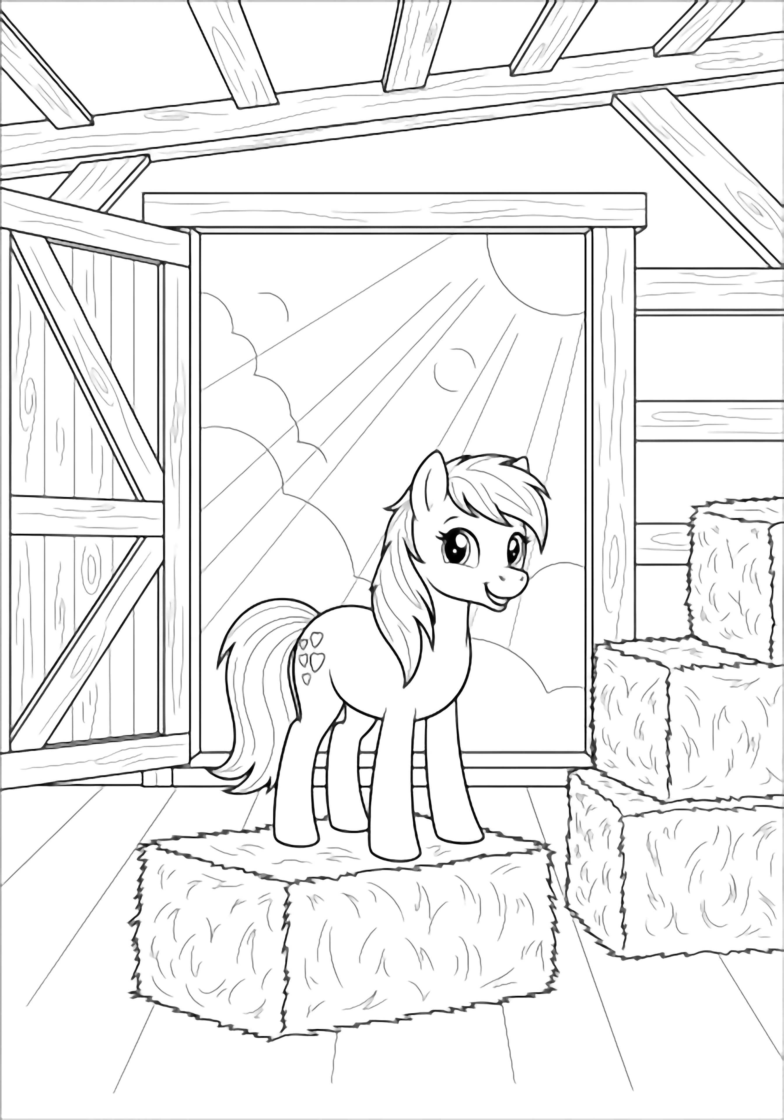 Cheerful pony stands on hay bales in barn loft, open loft door behind, wooden beams, stacked bales, curved sunlight rays kleurplaat