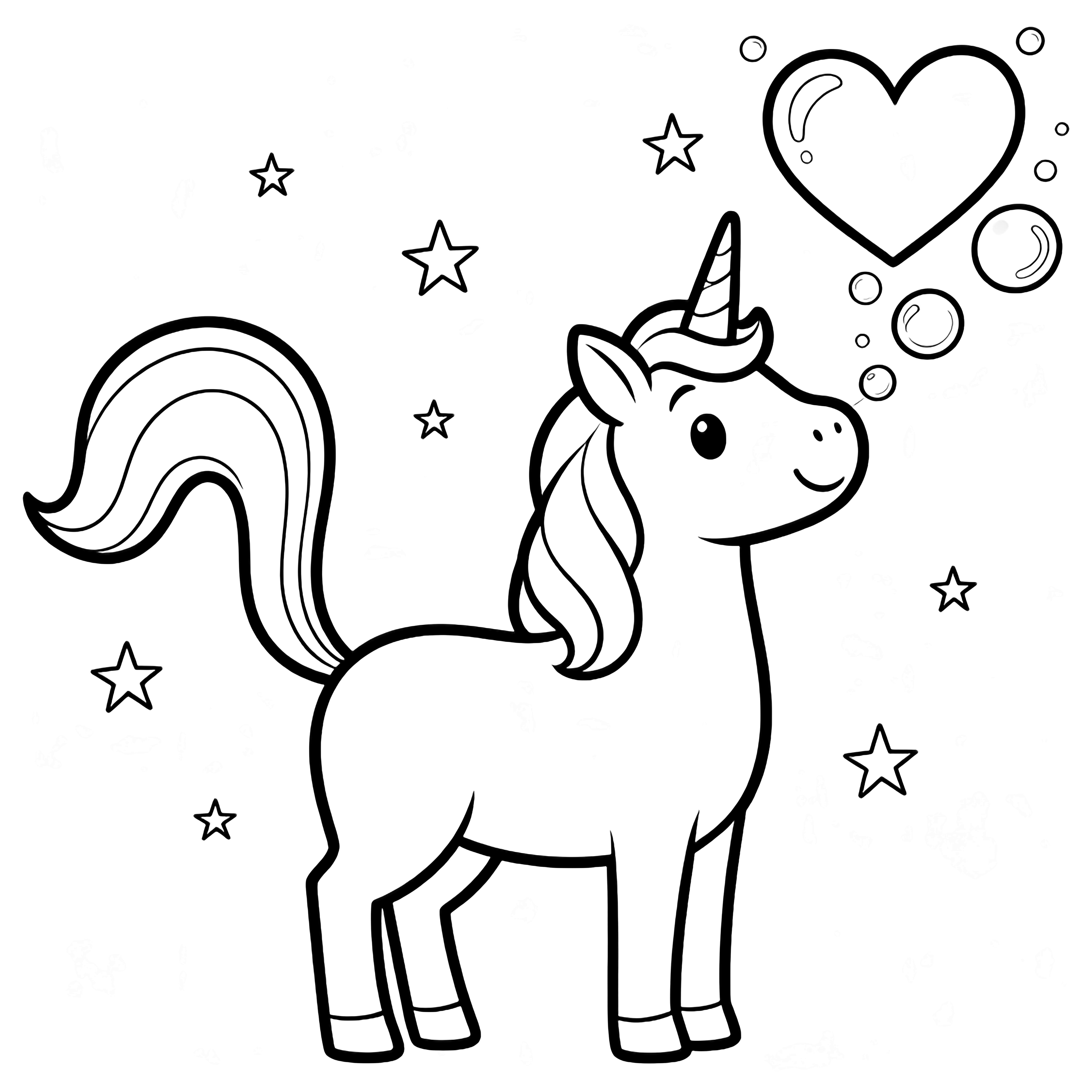 A smiling unicorn with flowing mane and arched tail blows heart-shaped bubbles that drift upward amid tiny stars. kleurplaat