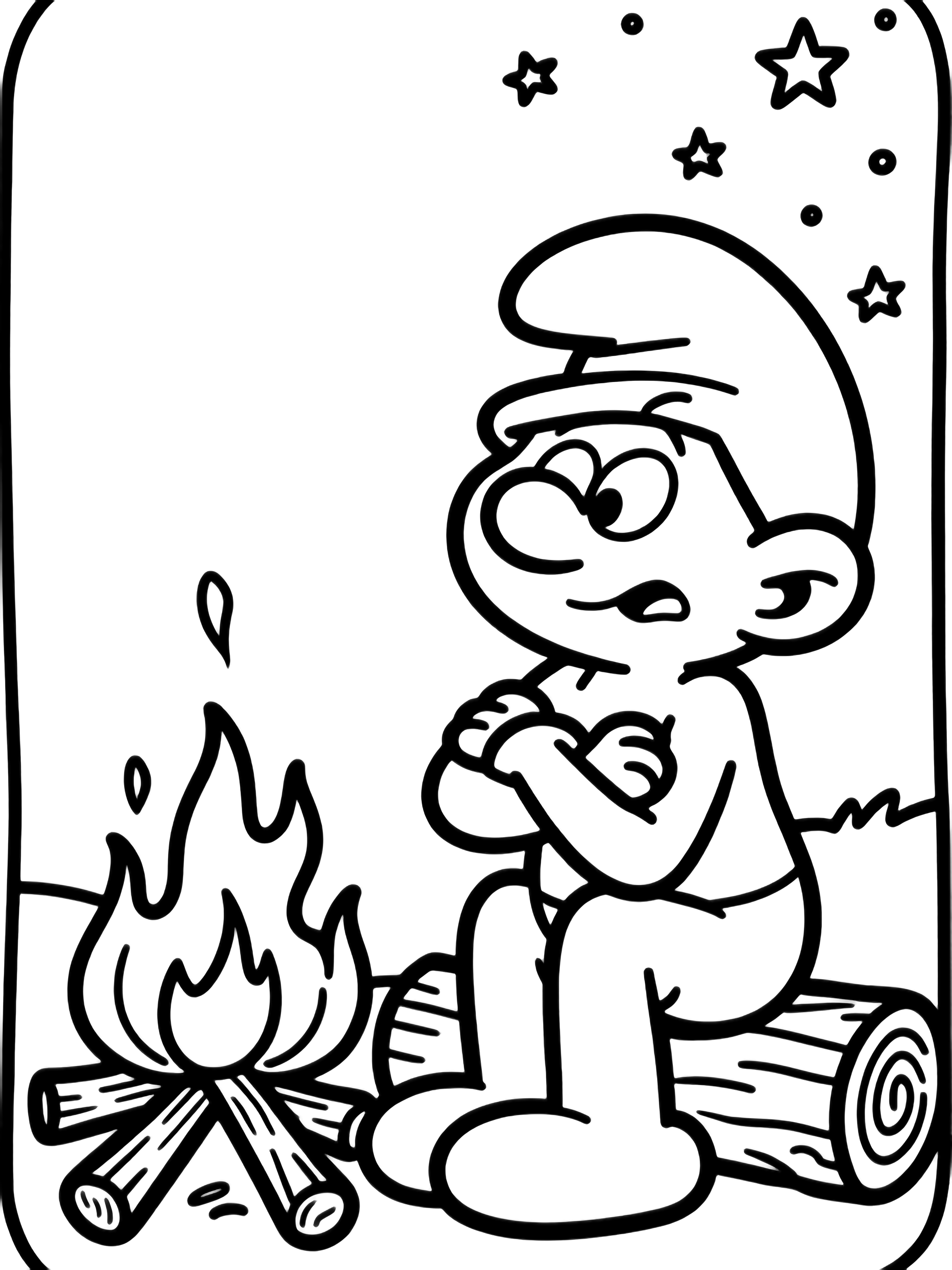 Grouchy Smurf sits cross-legged beside a small campfire, arms folded, leaning toward the flames; logs, twigs, and starry sky surround him. kleurplaat