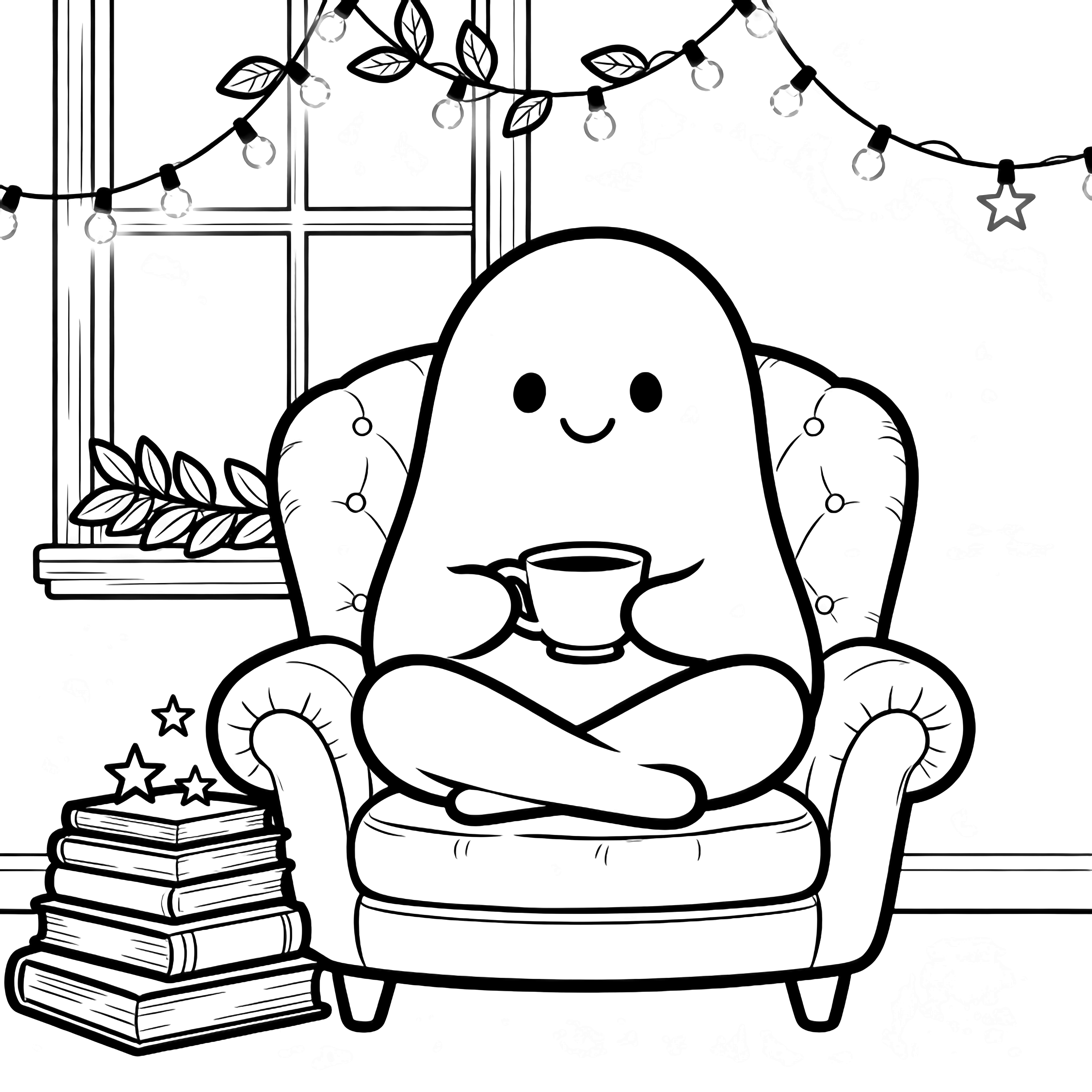 A cheerful round ghost sits cross-legged on a cushioned chair, cradling a teacup; books stacked beside, tiny stars and fairy-light loops above, leafy-garlanded window behind. kleurplaat