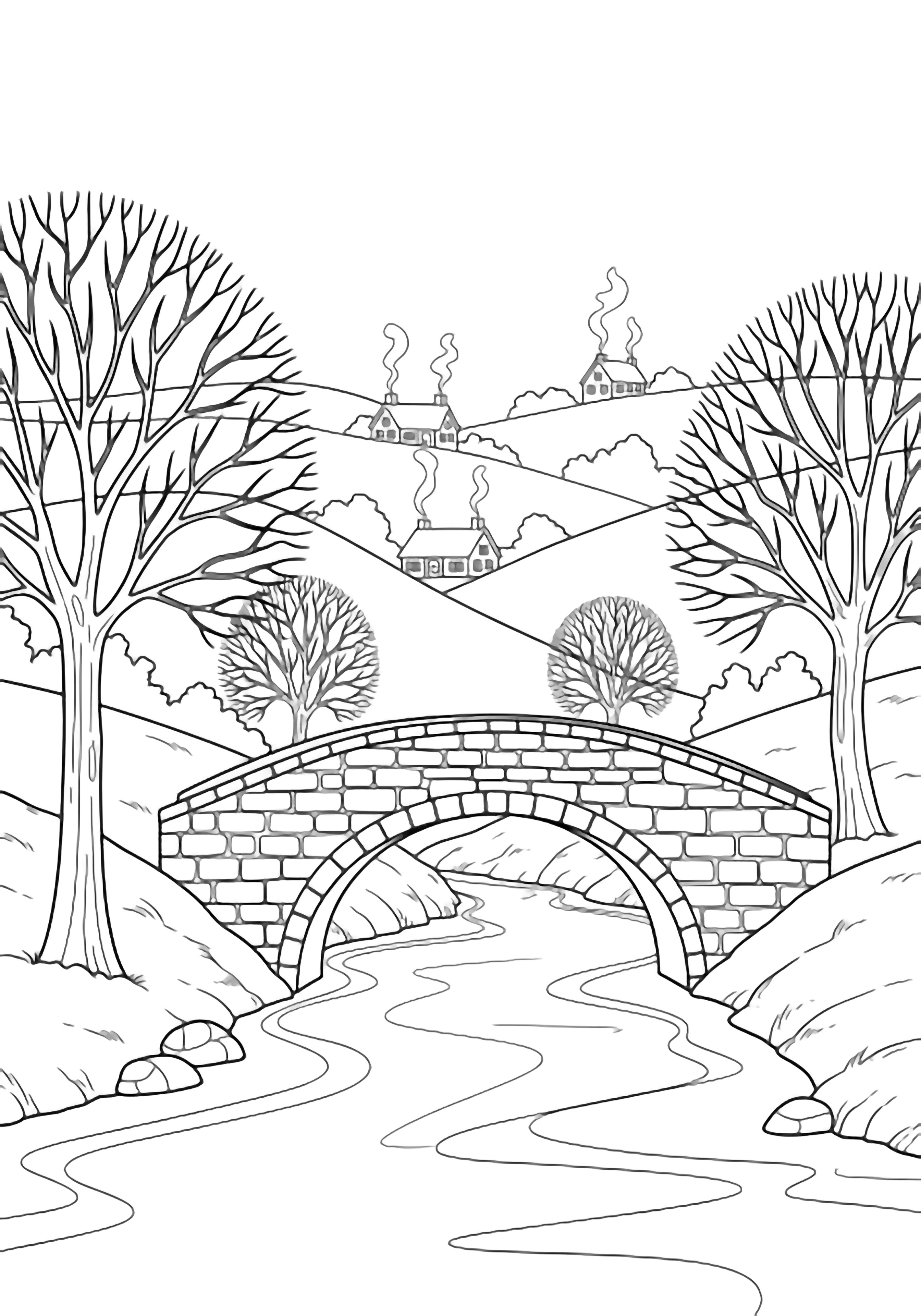 A simple arched bridge crosses a frozen stream, flanked by bare trees, gentle hills, and distant cottages. kleurplaat