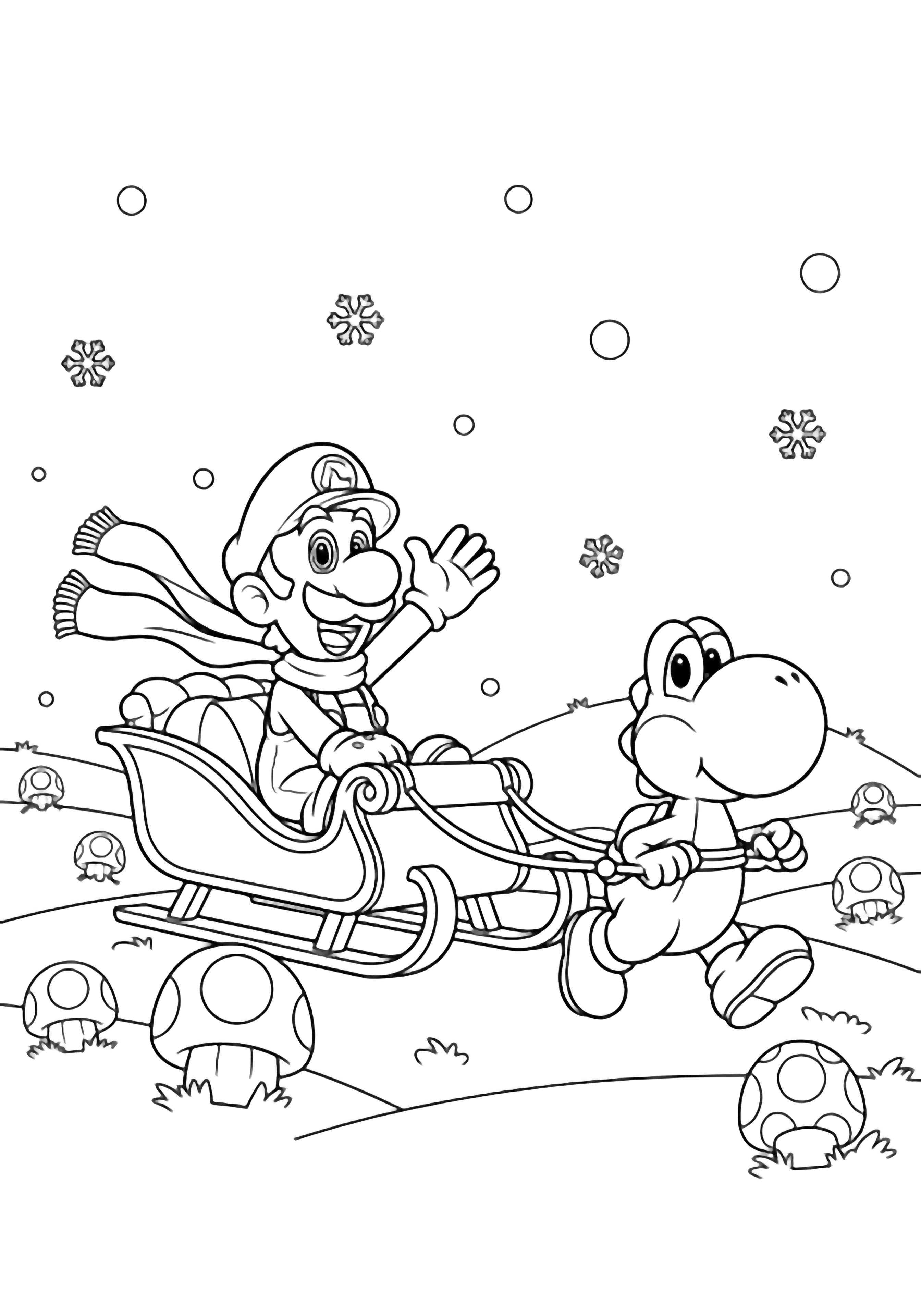 illustration on a Luigi in sleigh big smile scarf flying; Yoshi trots ahead; simple hills dotted mushrooms falling snowflakes; all clean black outlines white spaces to color clean black kleurplaat