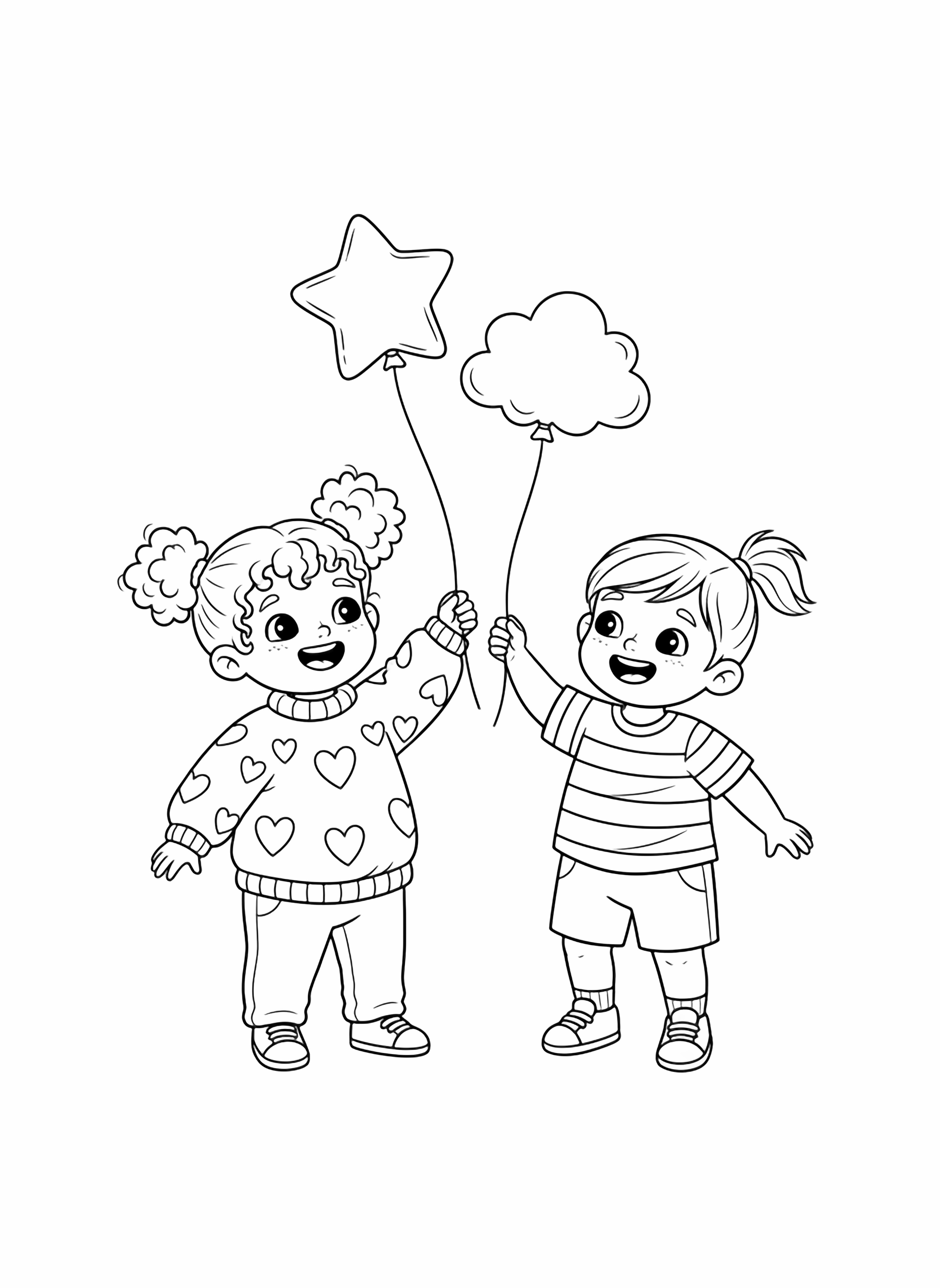 A black and white page showing two happy 3 year old toddlers playing together One child has curly hair tied in small pigtails with a big smile wearing a cozy sweater with heart patterns The other child has straight hair in a ponytail wearing a striped t shirt both holding balloons on strings clean black and white line drawing minimal shading no colour no fill kleurplaat