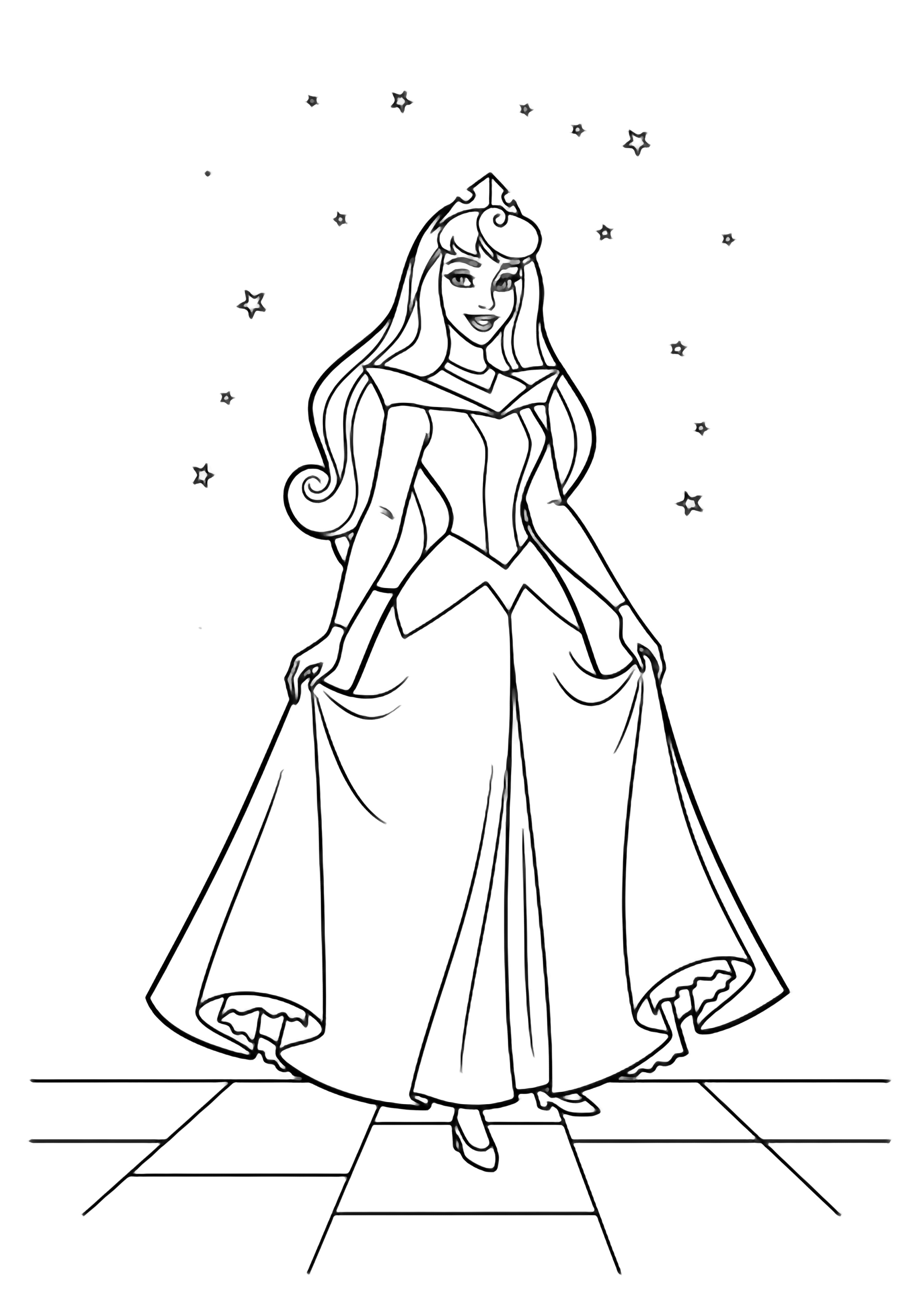 Princess Aurora stands centered, long dark hair flowing, gentle smile, small crown, sleeveless gown with wide skirt, minimal floor tiles, tiny stars around. kleurplaat