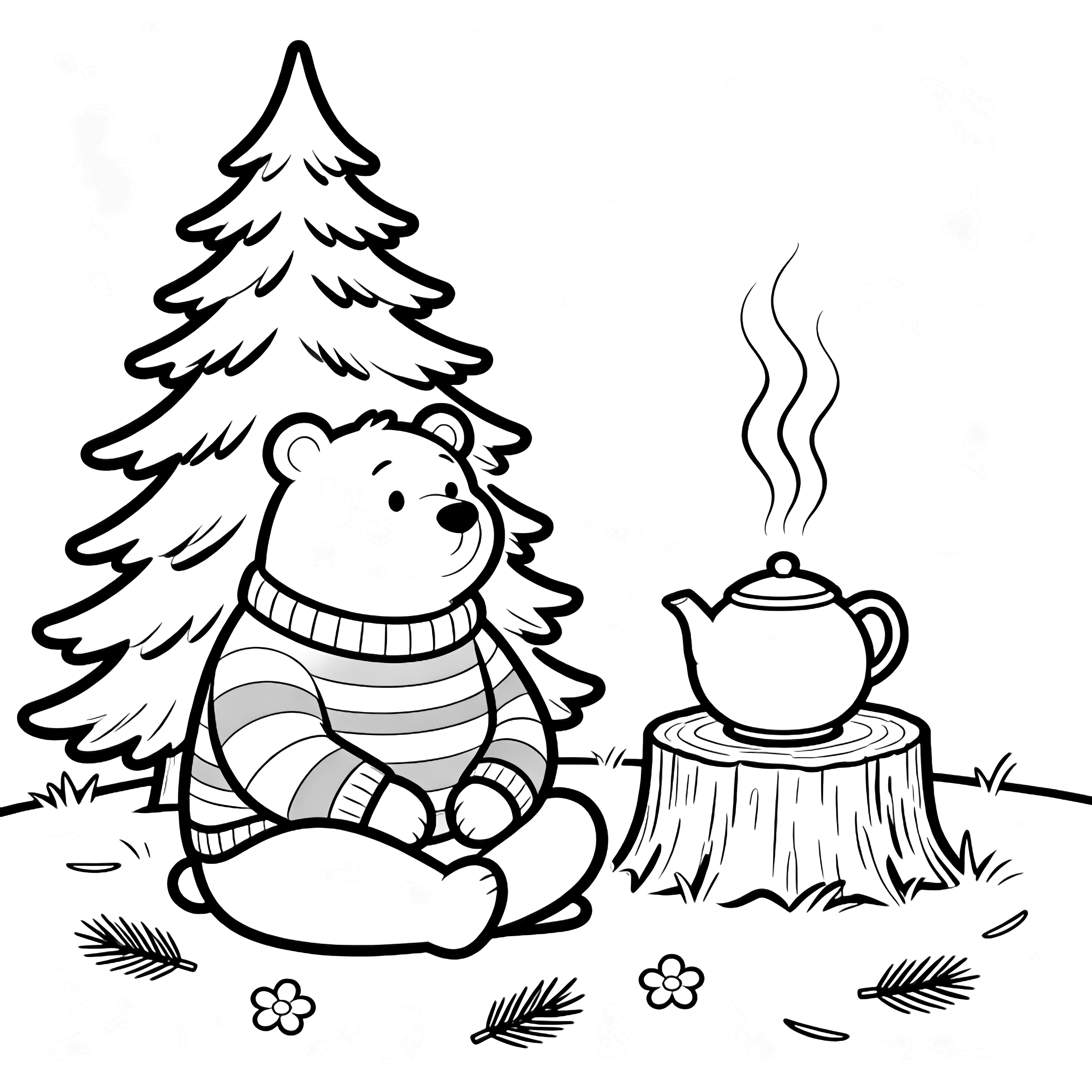 Plump bear in striped sweater sits cross-legged beside tall pine; round teapot on stump with wavy steam, fallen needles and tiny flowers scattered around. kleurplaat