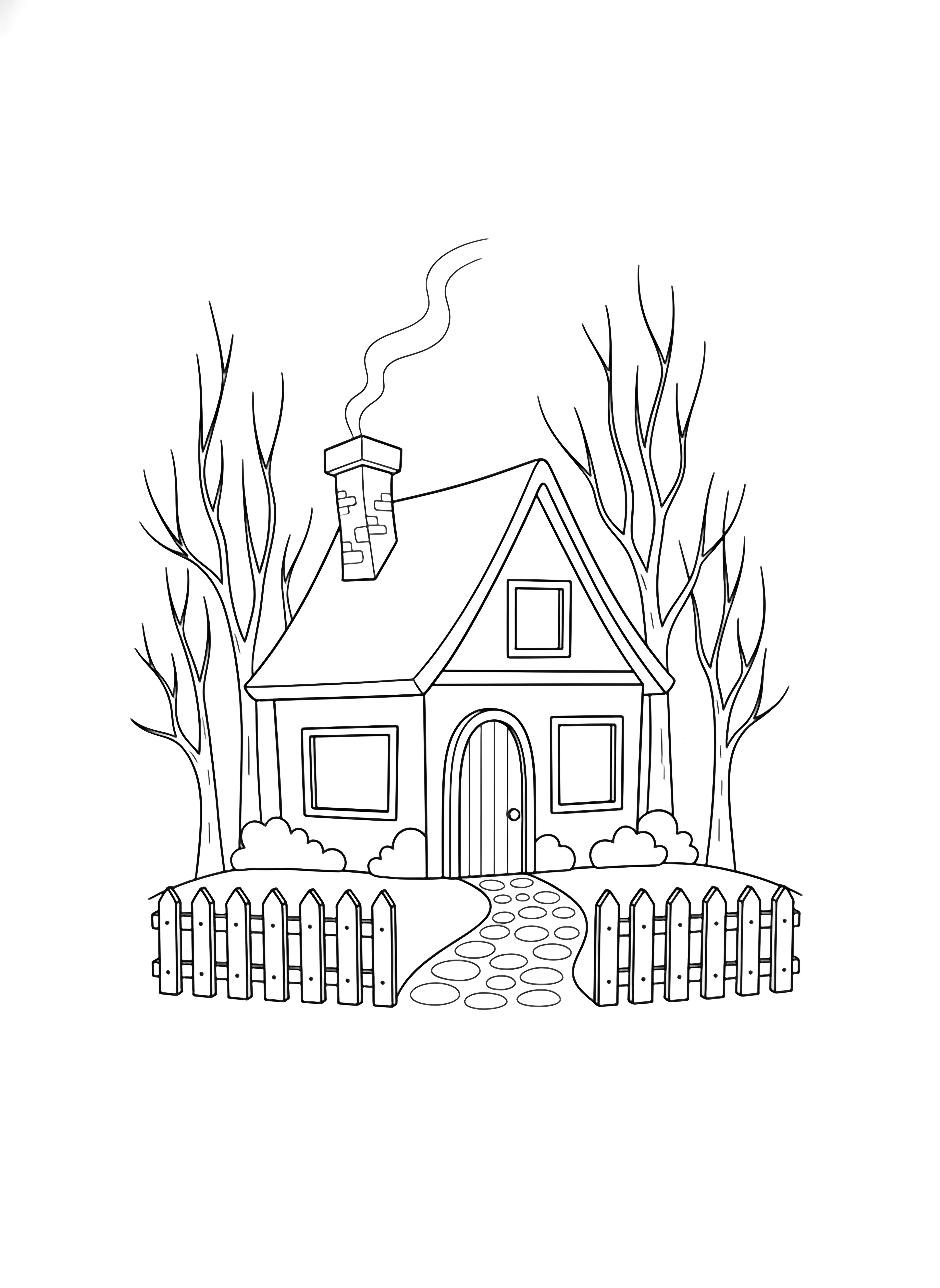 A crooked-chimney cottage with blank windows and an arched door sits among spindly forked trees, picket fence, and winding path. kleurplaat