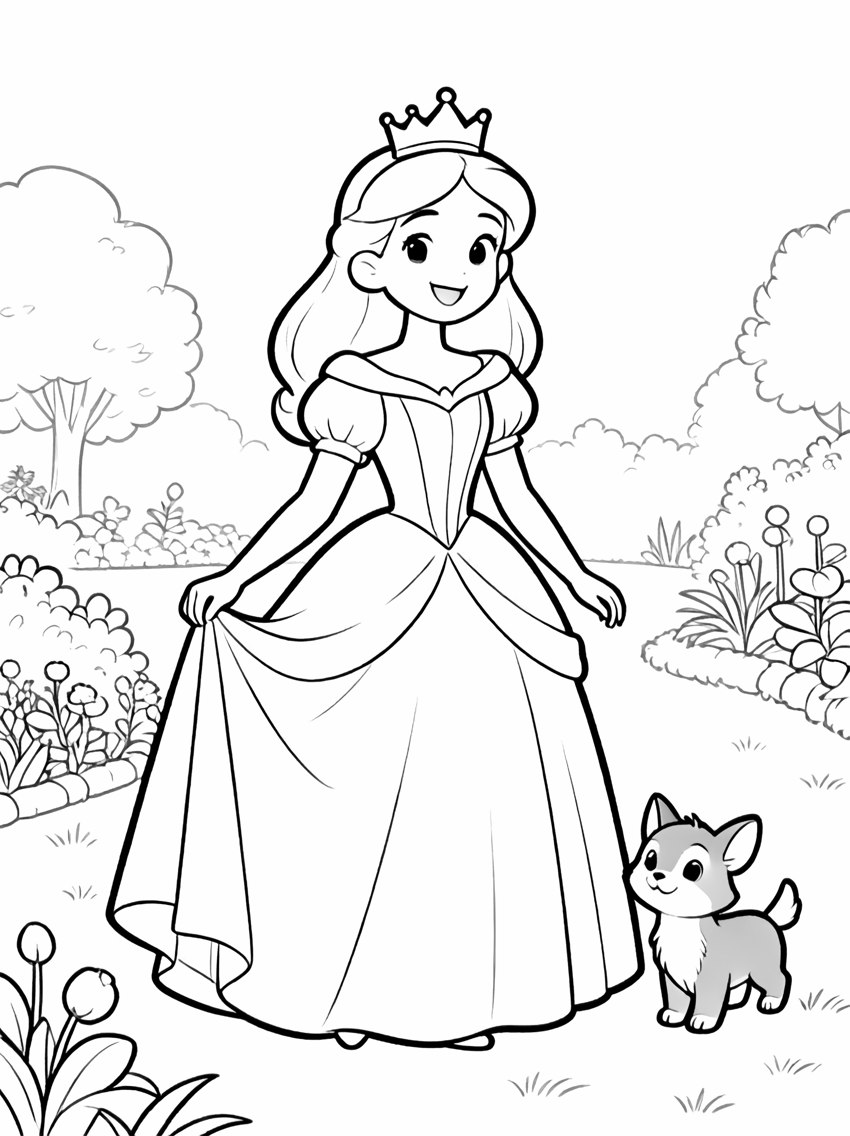 Smiling princess with crown, flowing gown, friendly animal, minimal garden scene kleurplaat