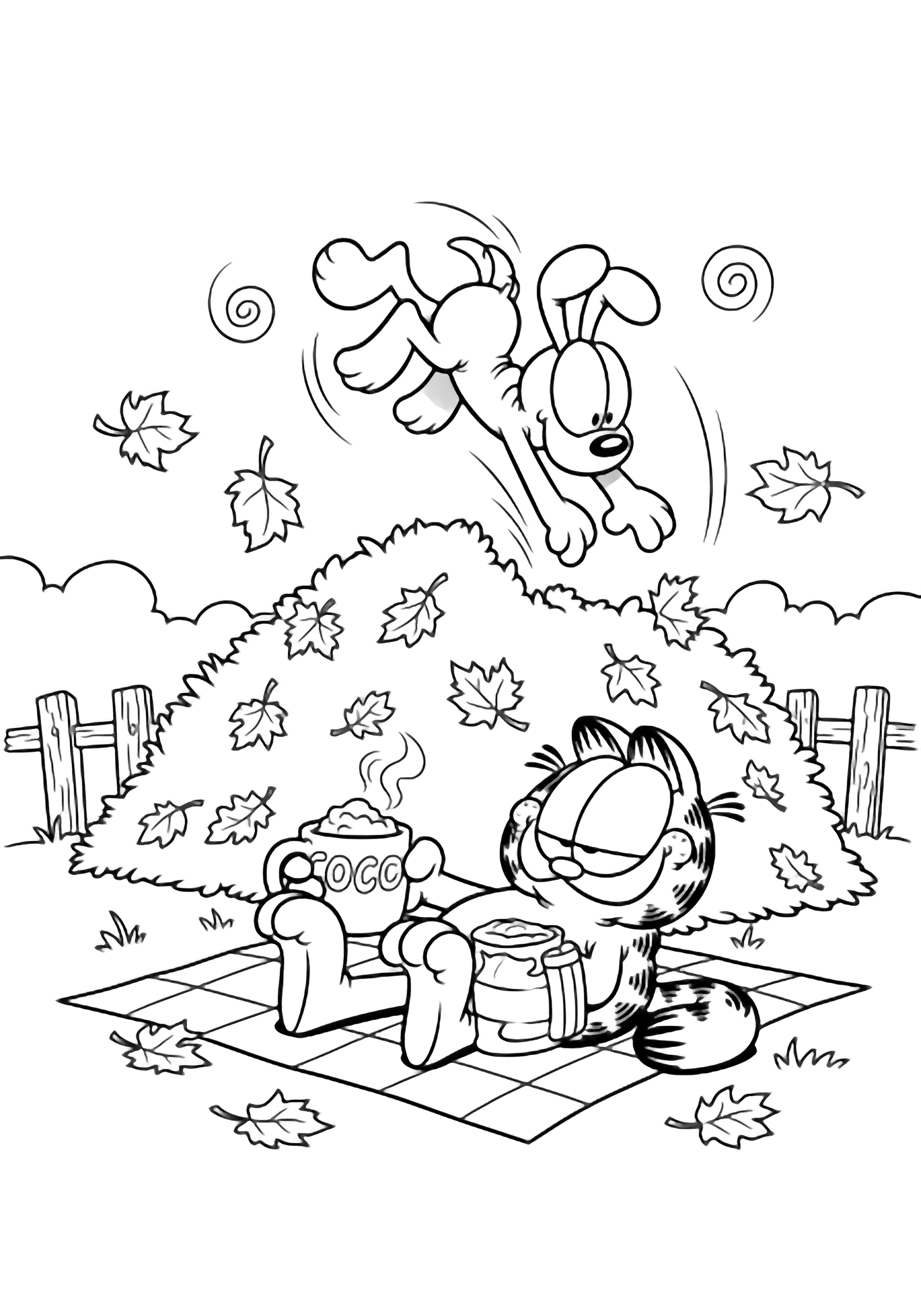 Garfield reclines on a picnic blanket, mug in paw, as airborne Odie plunges into a big leaf pile; a fence and swirling leaves surround them. kleurplaat