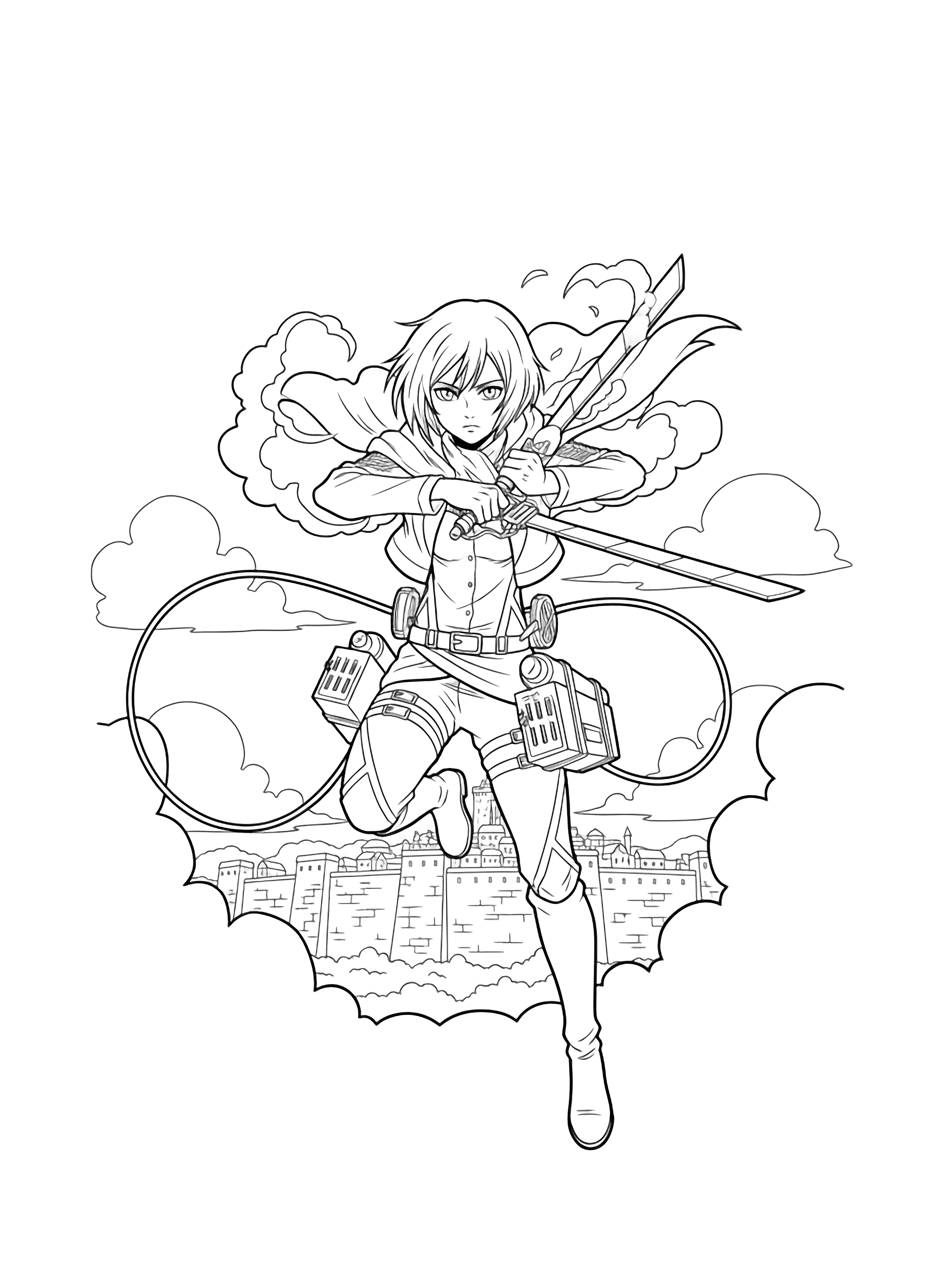 Mikasa leaps with crossed blades, hair and cape billowing; simple clouds and distant wall behind her. kleurplaat