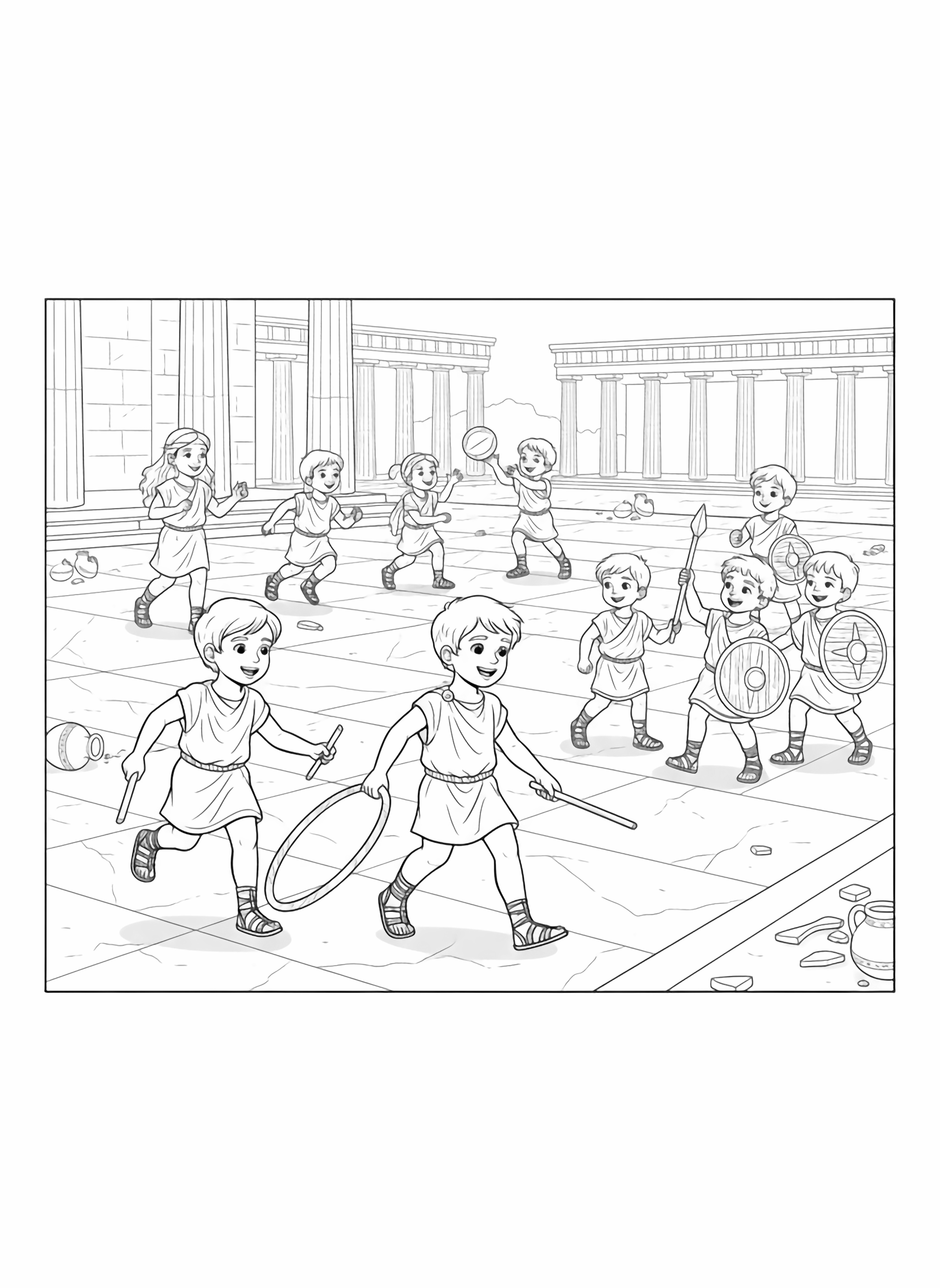 A black and white page showing cheerful children playing in ancient Sparta The scene depicts boys and girls wearing simple Greek tunics and sandals joyfully running across a marble courtyard Some children play with wooden hoops others toss a leather ball while a small group pretends to be brave Spartan warriors with toy shields clean black and white line drawing minimal shading no colour no fill kleurplaat