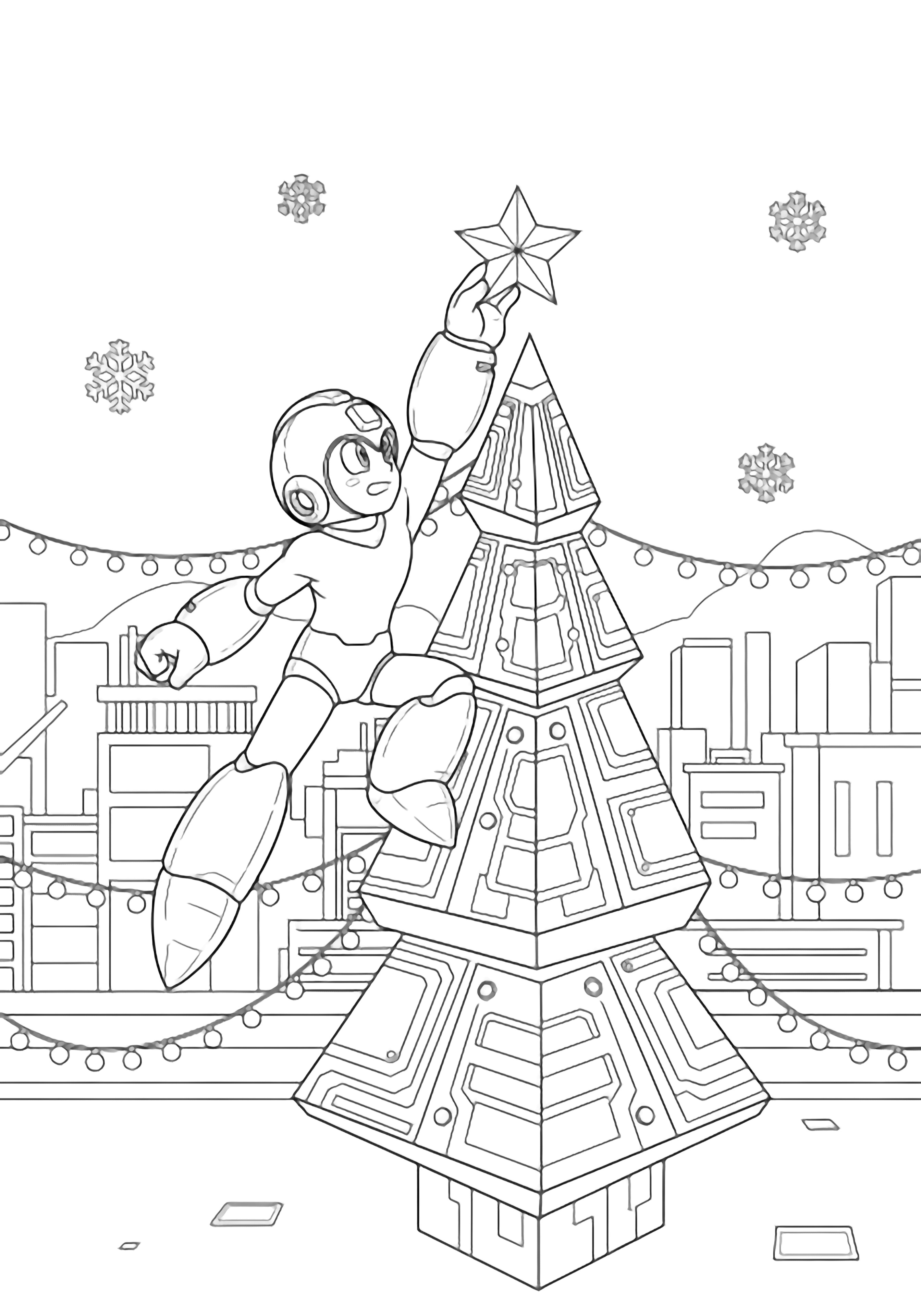 illustration on a Mega Man reaches overhead to hang a star on a sleek angular Christmas tree made of circuit like panels; simple snowflakes drift around him while blank city rooftops and blank light strands frame the background in bold clean black kleurplaat