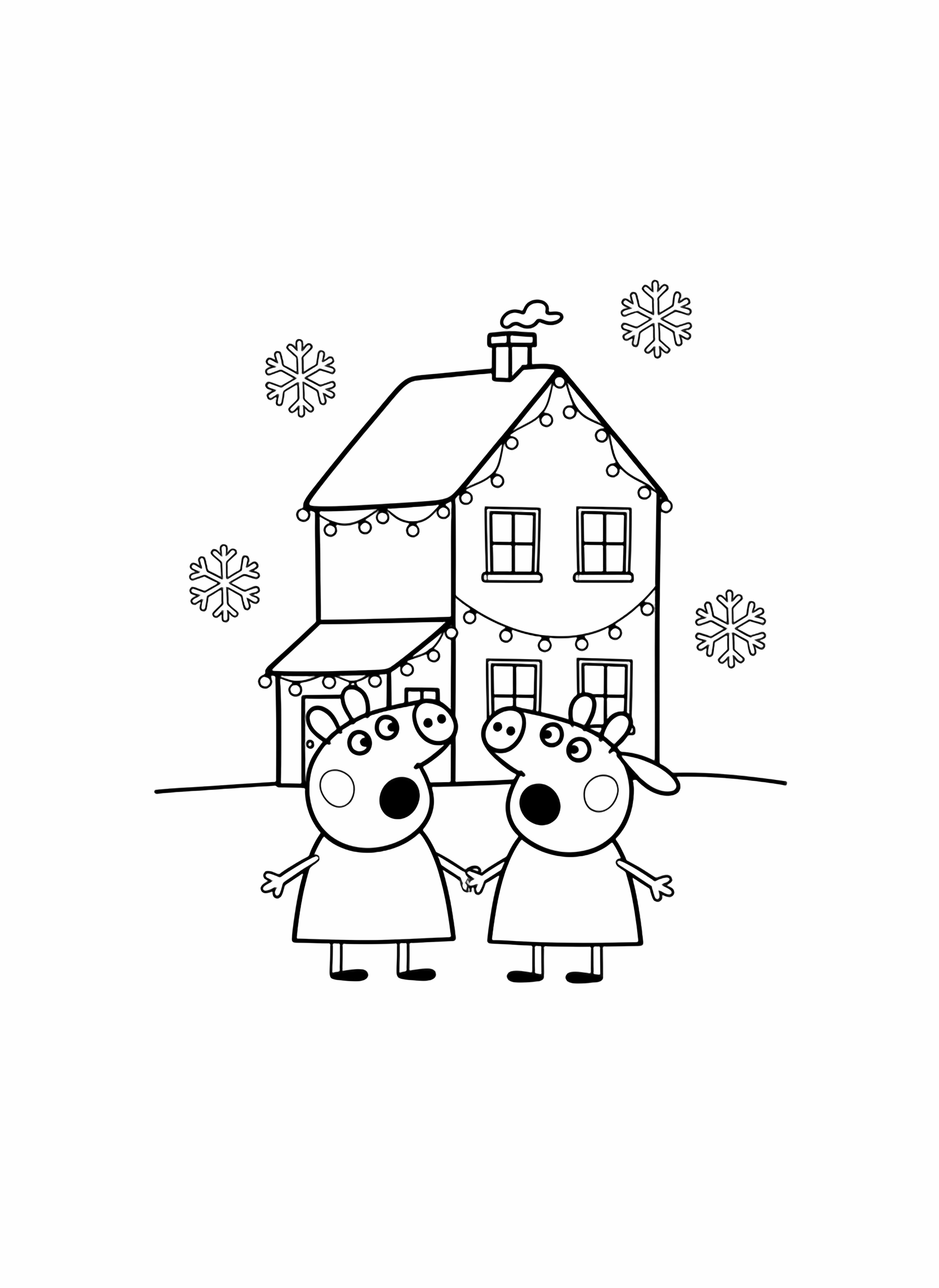 illustration on a Peppa and Suzy stand happily on a snowy lawn mouths open in song; behind them a two story house with empty window frames dangling string outlines of lights and drifting snowflakes all in simple bold black outlines on white clean black kleurplaat