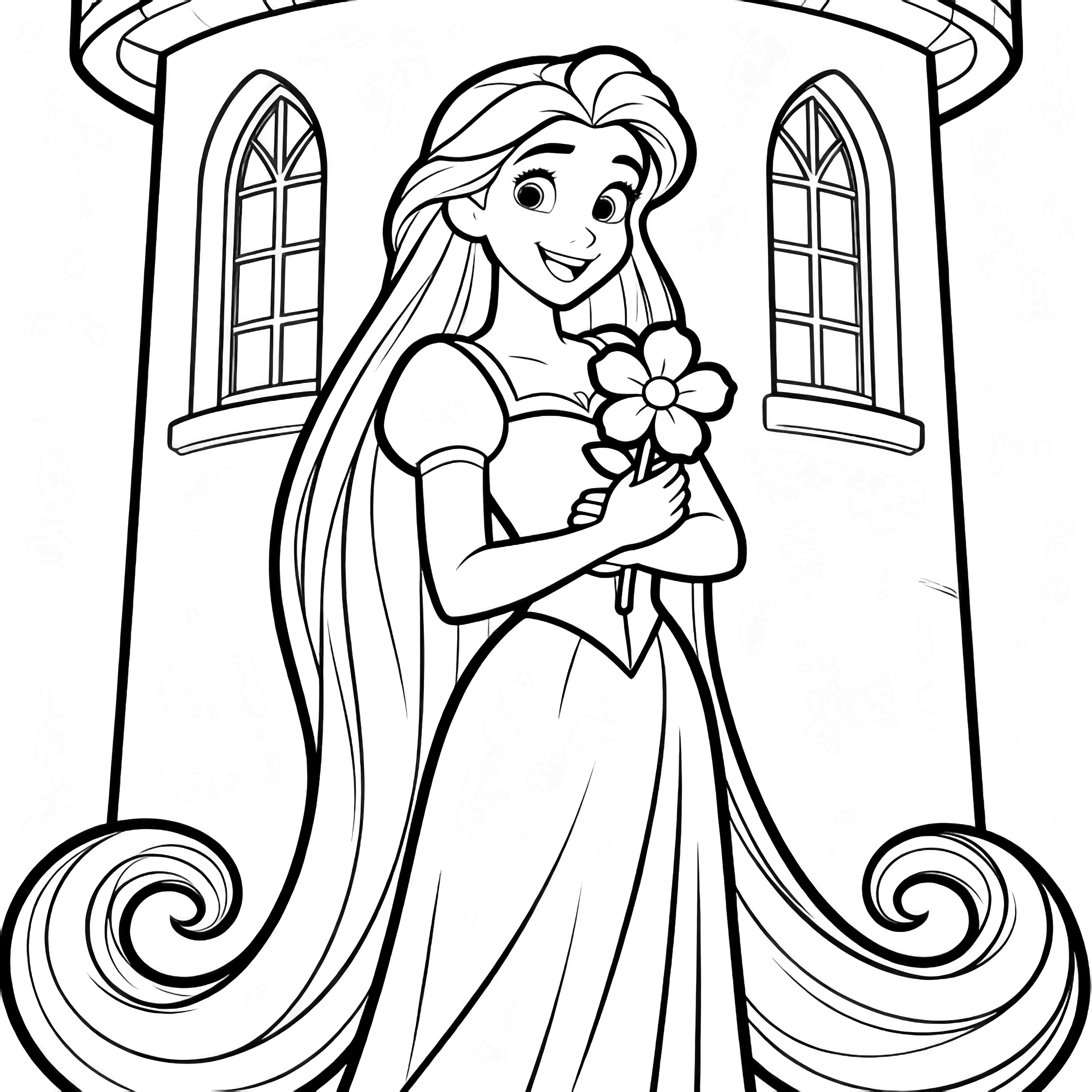 Rapunzel stands centered, long hair looping around her as she smiles and hugs a single five-petal bloom to her chest, a simple tower window arching behind. kleurplaat