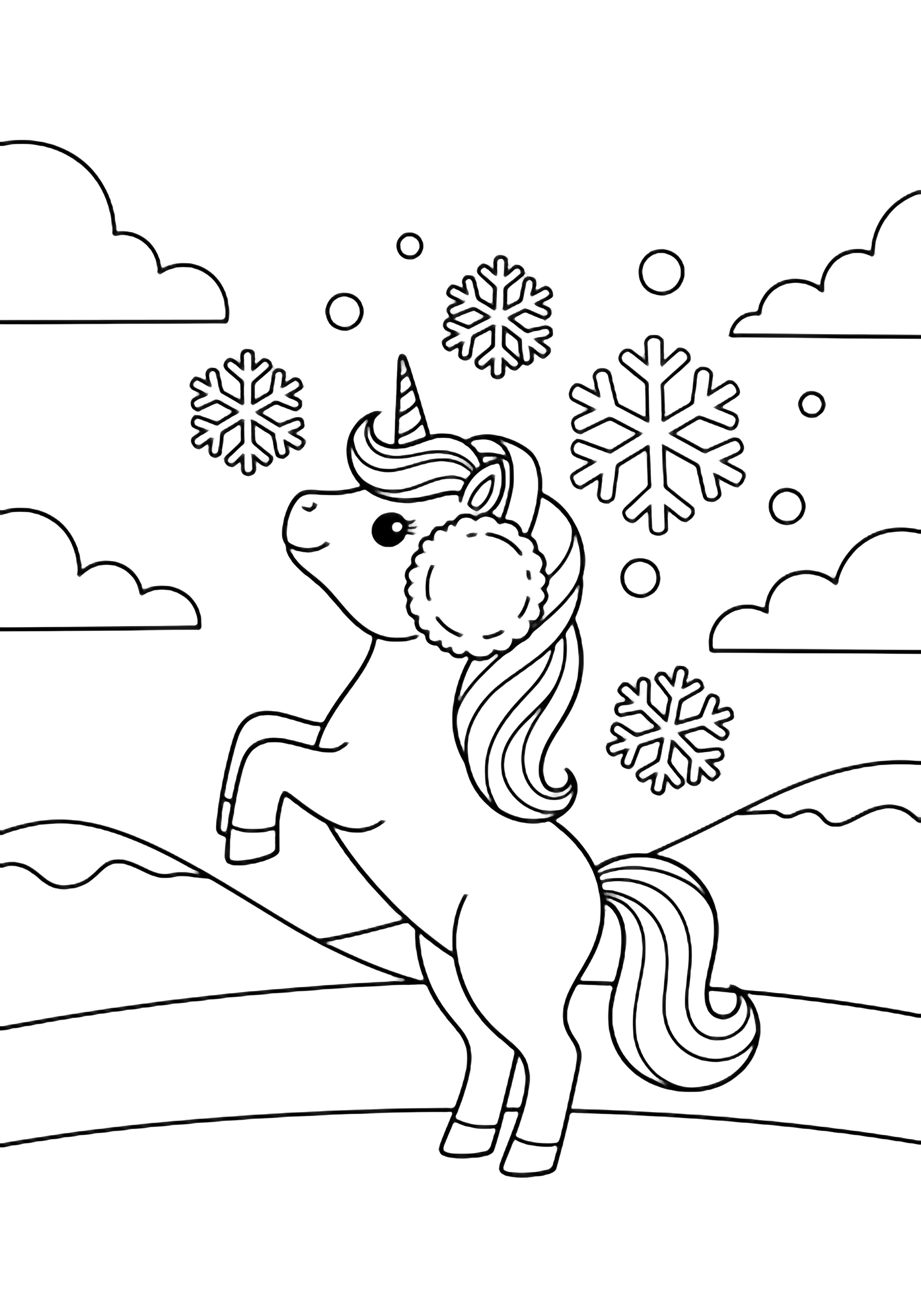 A kawaii unicorn wearing big earmuffs stands on hind legs, snout lifted, as oversized snowflakes drift around its mane, with simple hills and clouds behind. kleurplaat