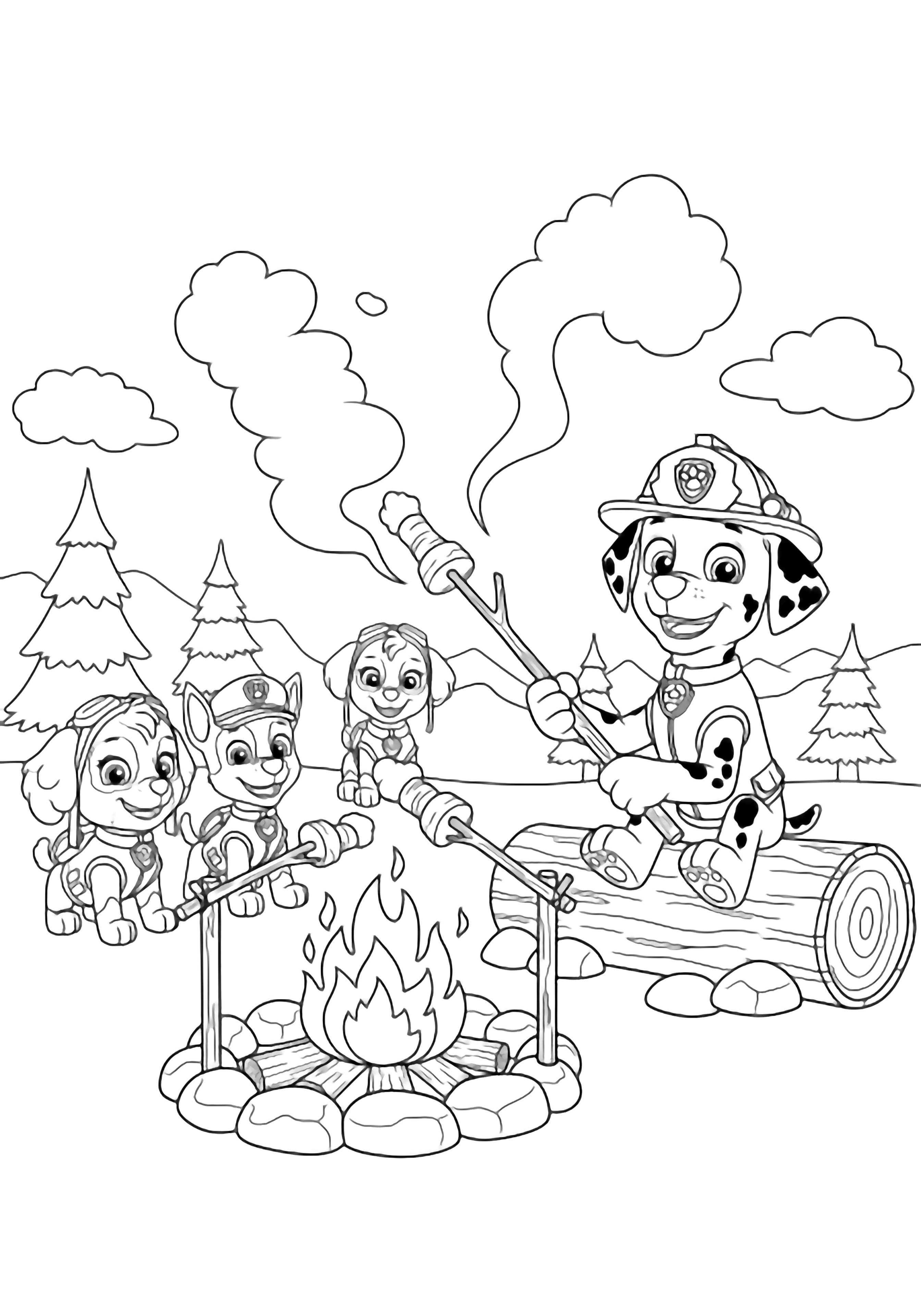 Marshall sits on a log, roasting a marshmallow over a campfire while three pups behind him toast treats on sticks, surrounded by pines and drifting smoke. kleurplaat