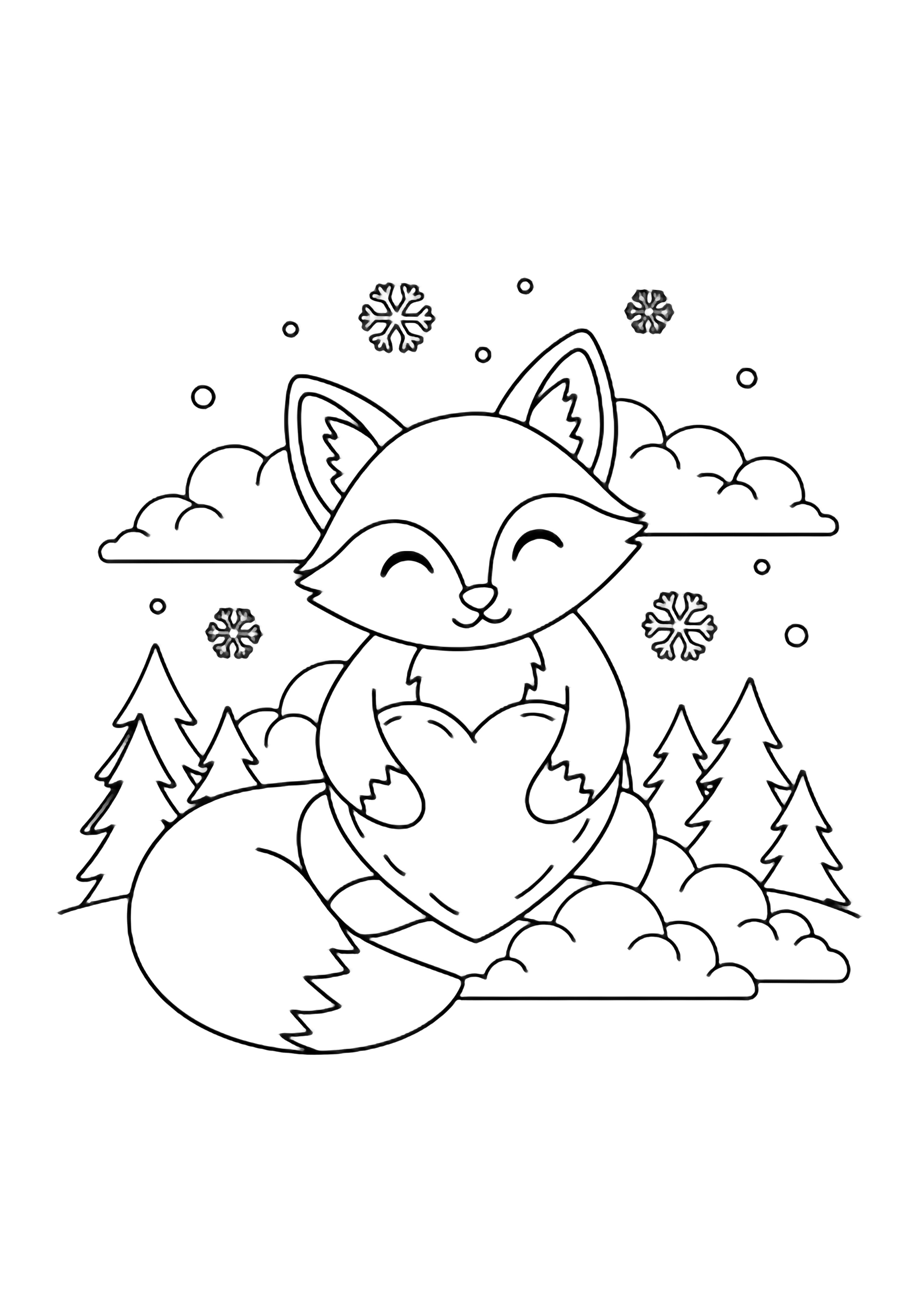 A cheerful fox nestled in clouds cuddles a heart-shaped snowball while snowflakes drift above evergreen trees. kleurplaat