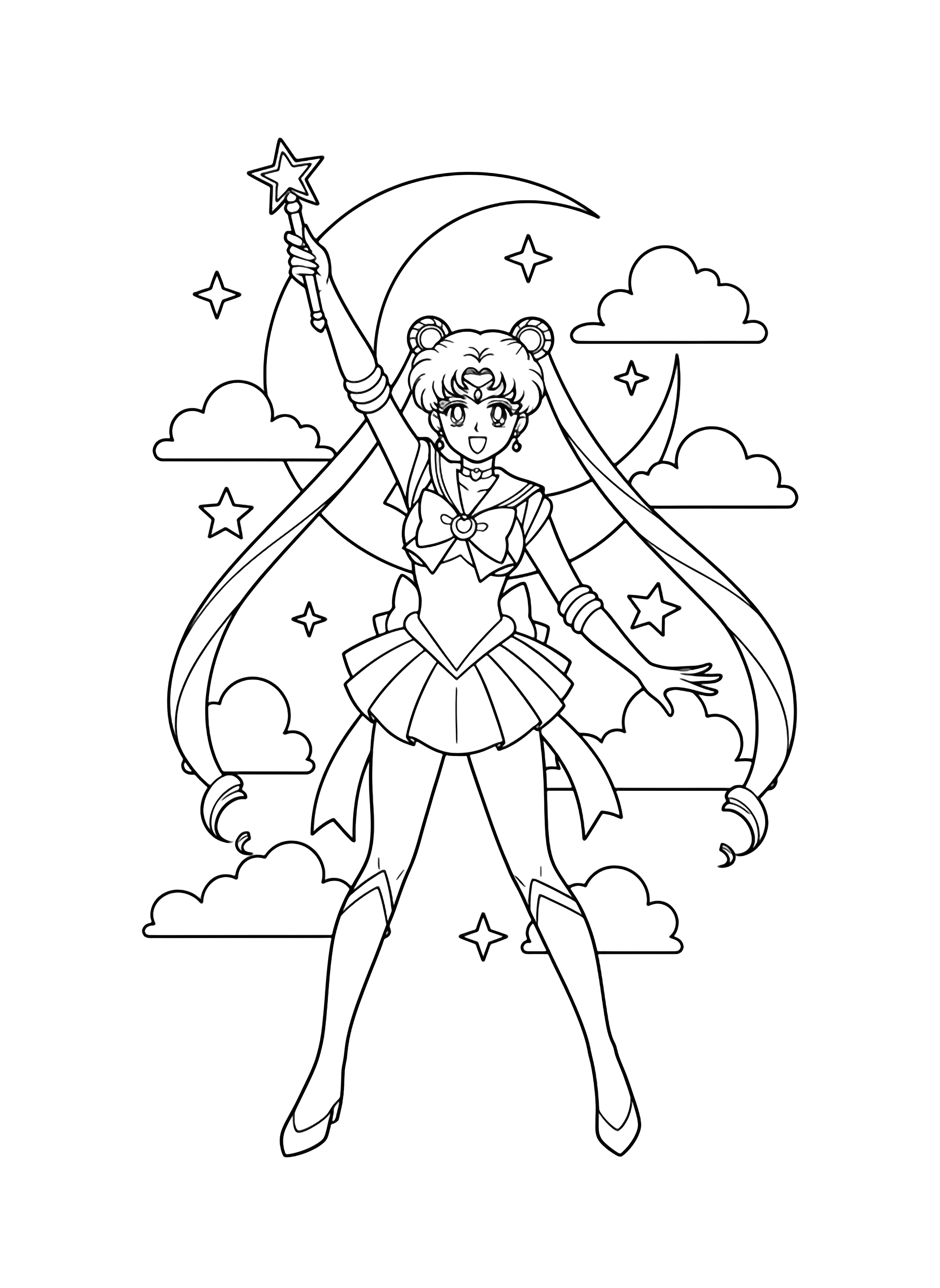 Sailor Moon stands center, long ponytails flowing, star wand raised; small crescent moon behind, minimal clouds and stars around. kleurplaat