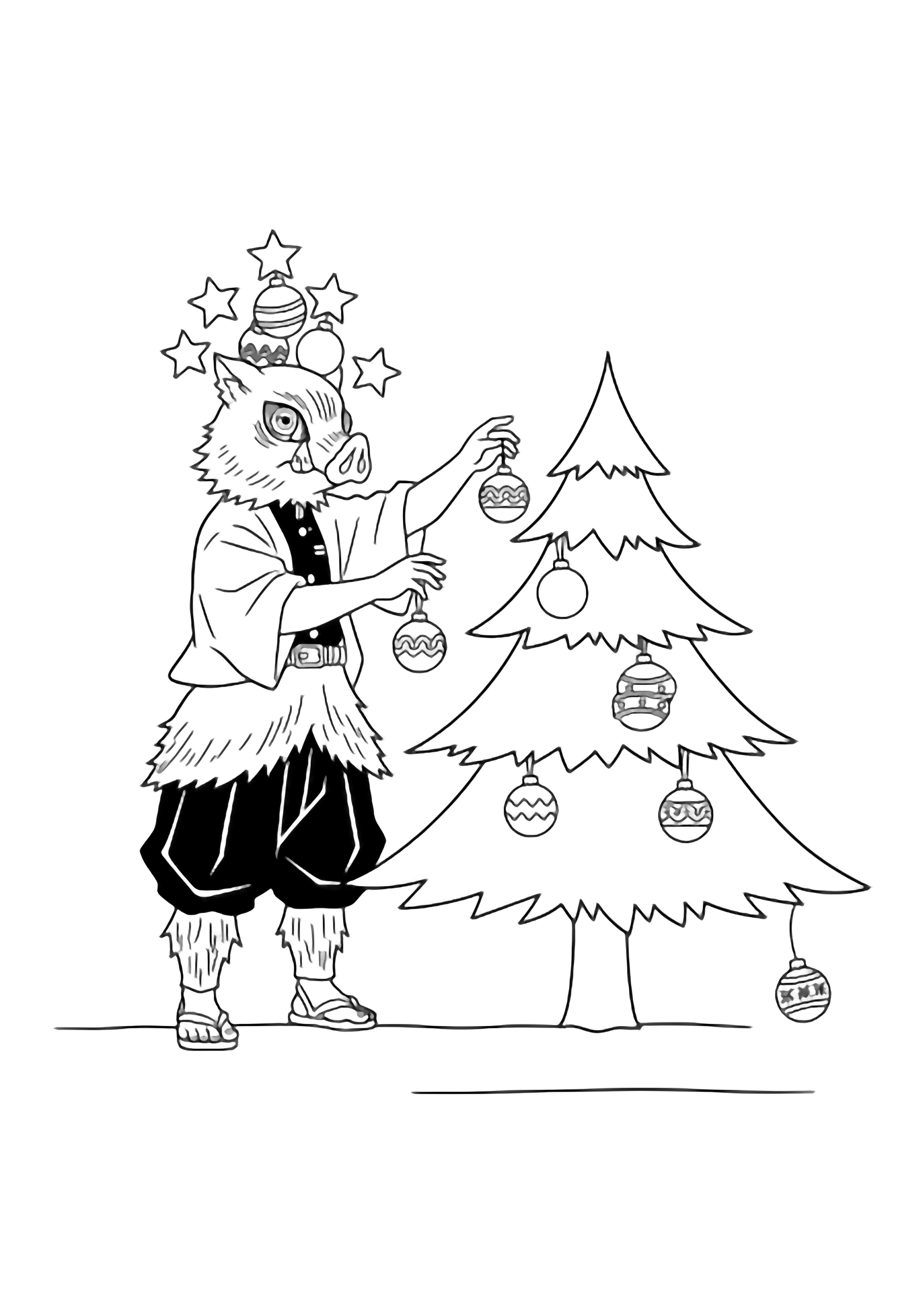 Inosuke, boar mask slipping, balances empty star and bauble on his head while tiptoeing to hang more ornaments on a smooth pine; one ornament falls, simple ground line below. kleurplaat