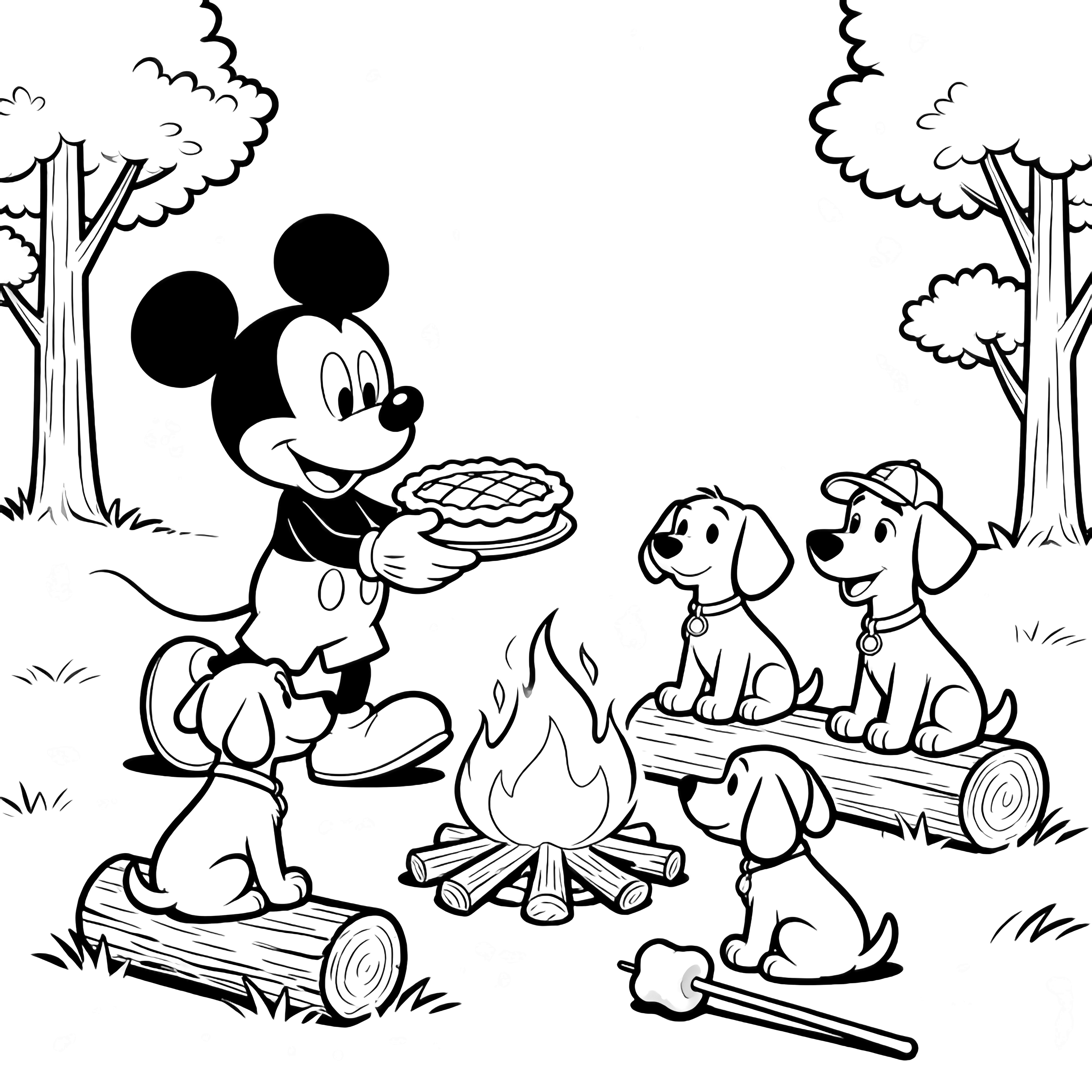Mickey, grinning, walks a pie toward Ryder and pups sitting on logs by a campfire; simple trees and a marshmallow stick nearby. kleurplaat