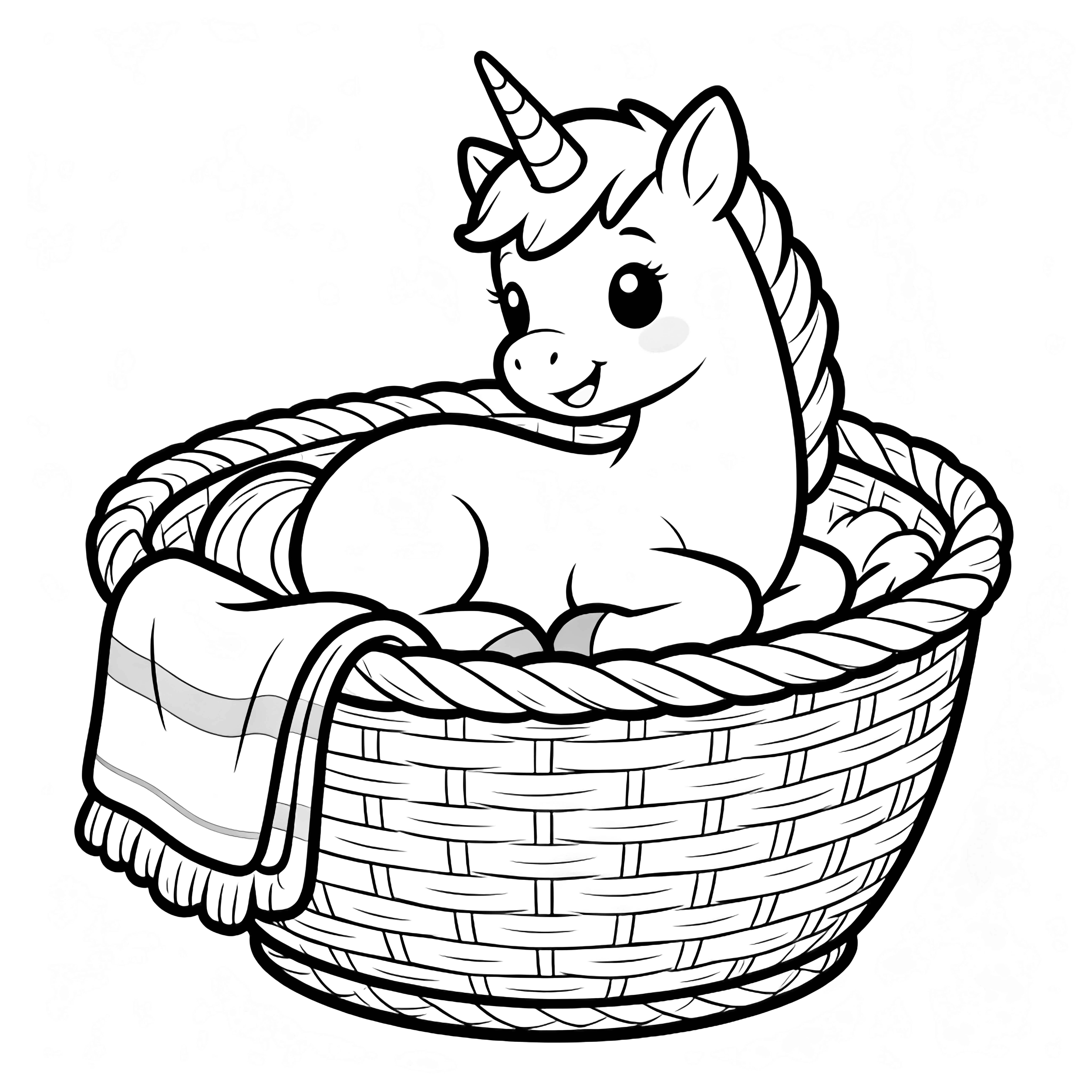 A smiling unicorn foal curled inside a round basket with a folded blanket draped over the edge. kleurplaat