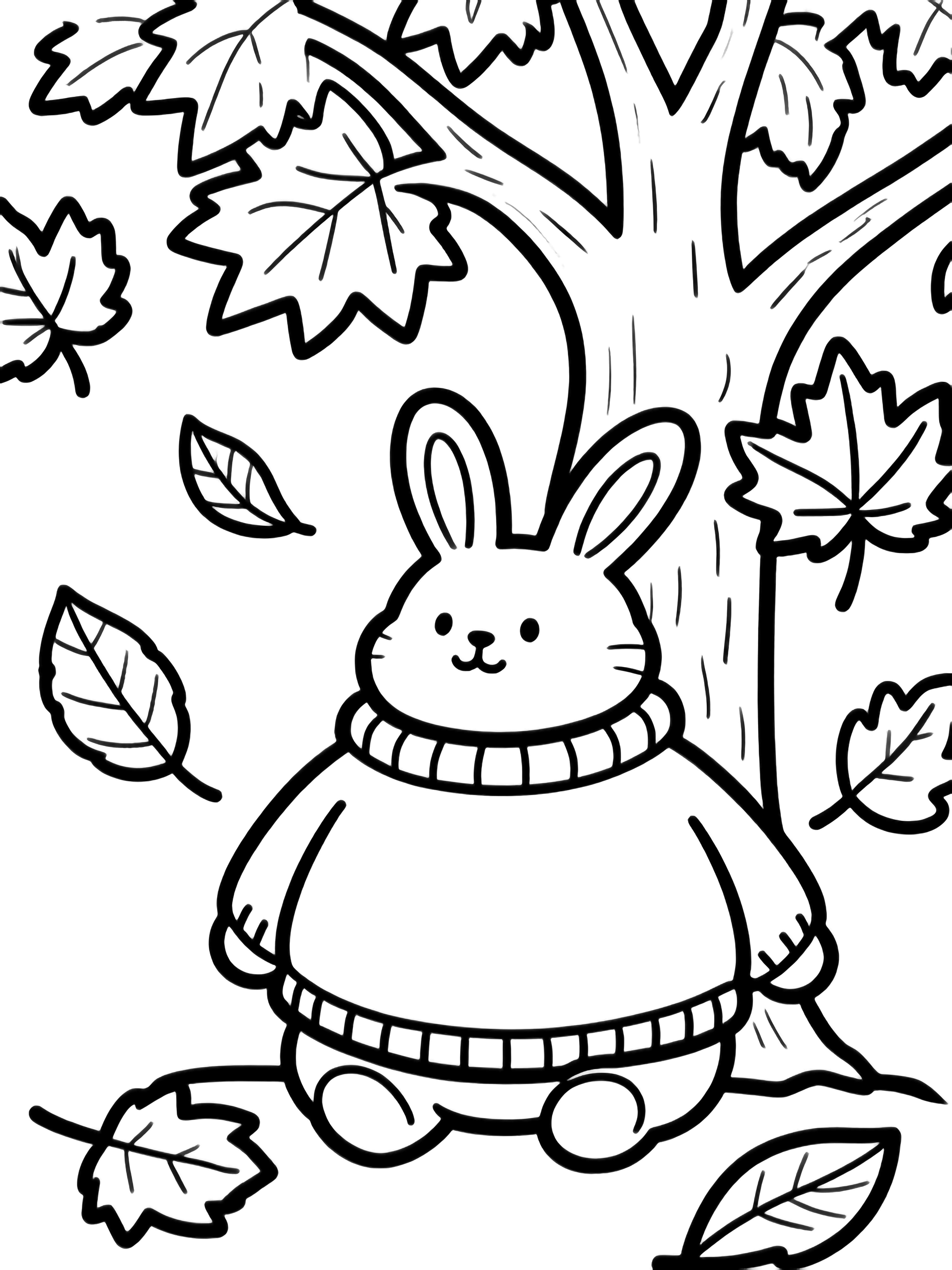 A plump bunny wearing an oversized floppy sweater sits contentedly beneath a wide maple tree while large simple leaves drift around it. kleurplaat